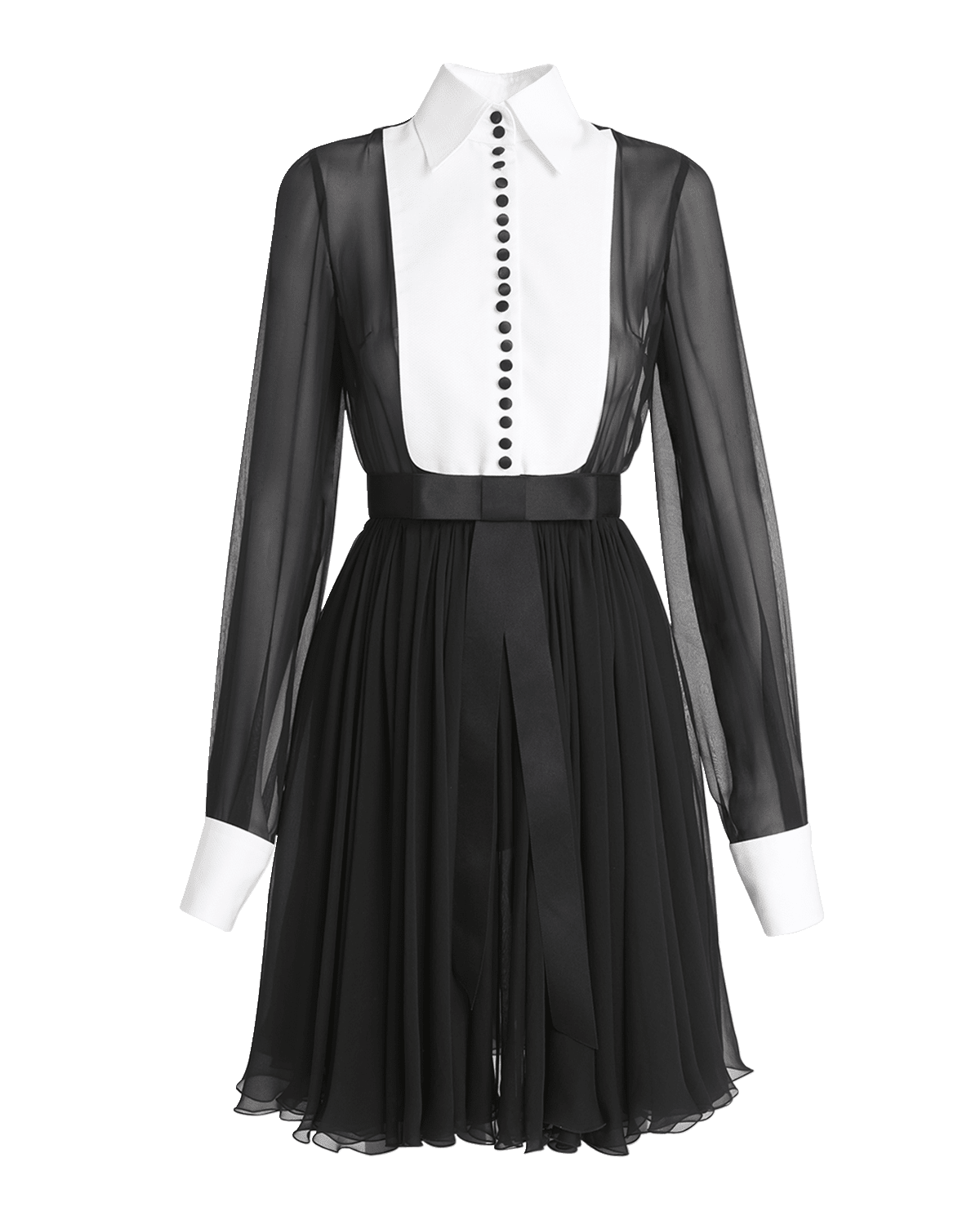 Dolce&Gabbana Seta Bib-Front Long-Sleeve Pleated Chiffon Shirtdress