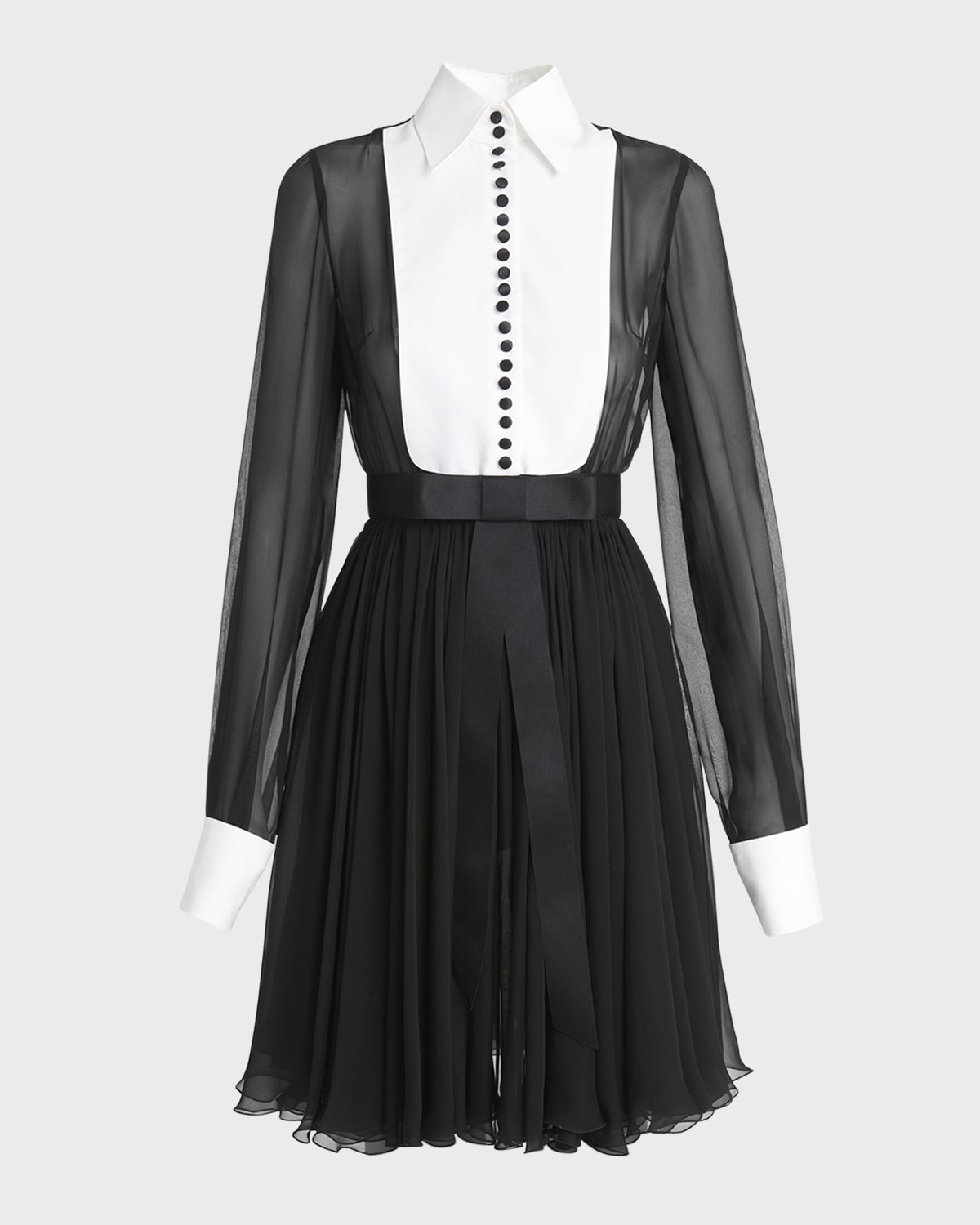Dolce&Gabbana Seta Bib-Front Long-Sleeve Pleated Chiffon Shirtdress