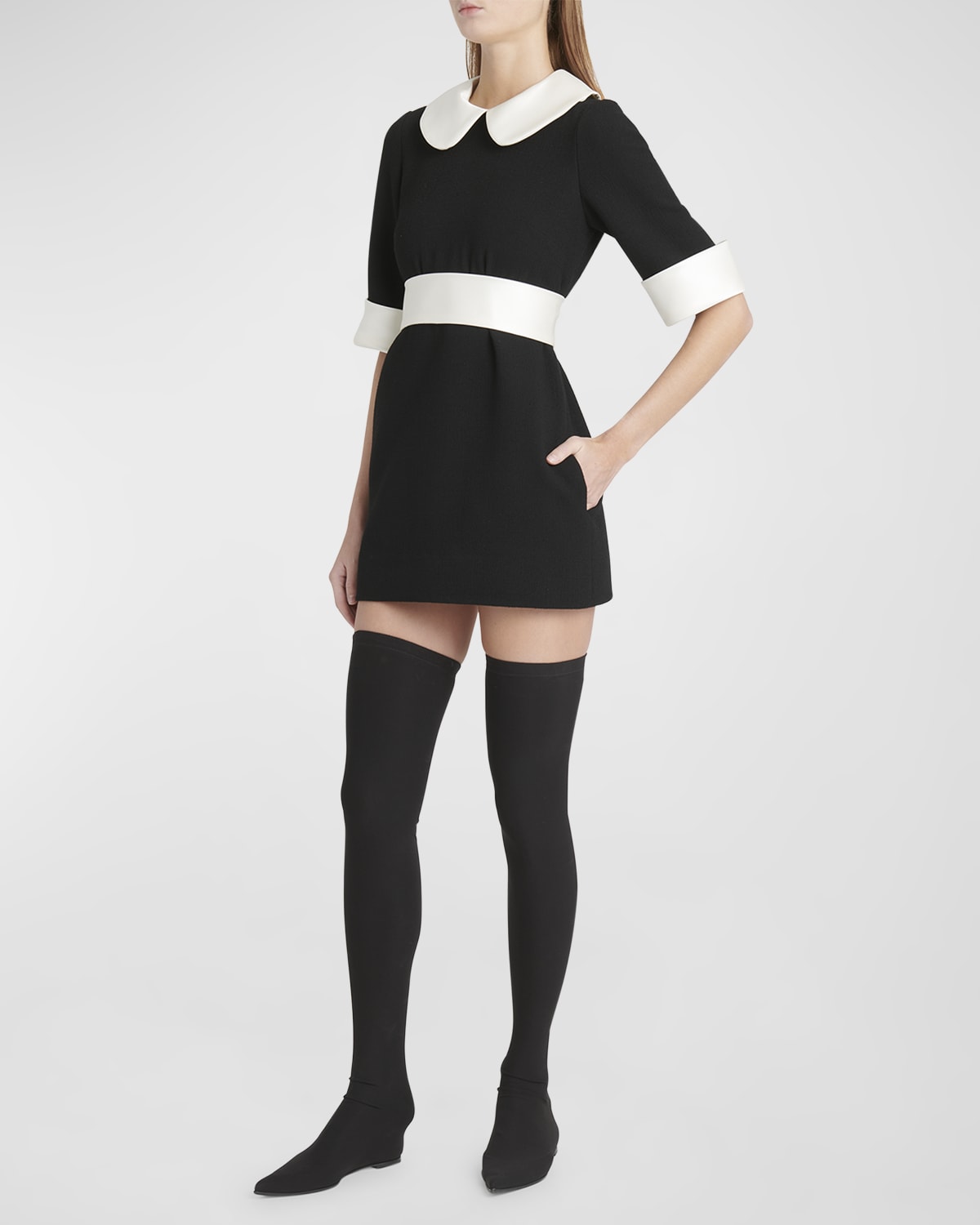 Dolce&Gabbana Peter Pan-Collar Short-Sleeve Belted Crepe Mini Dress