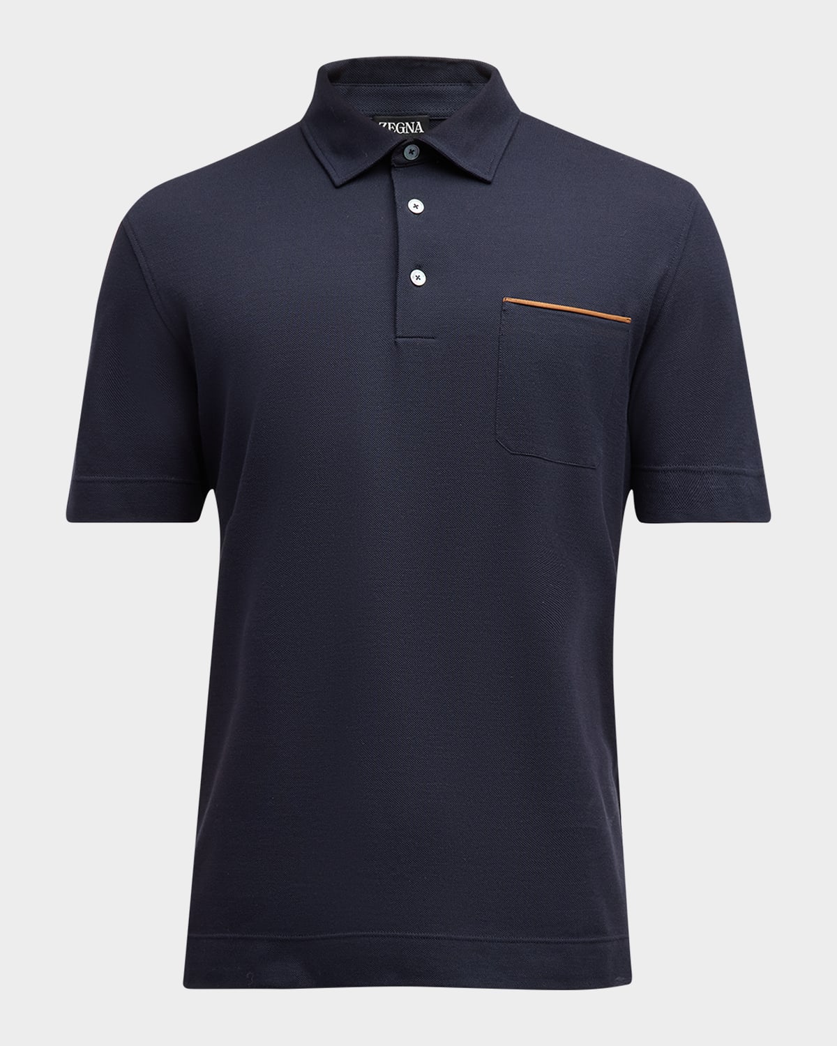 ZEGNA Men's Cotton Polo Shirt with Leather-Trim Pocket