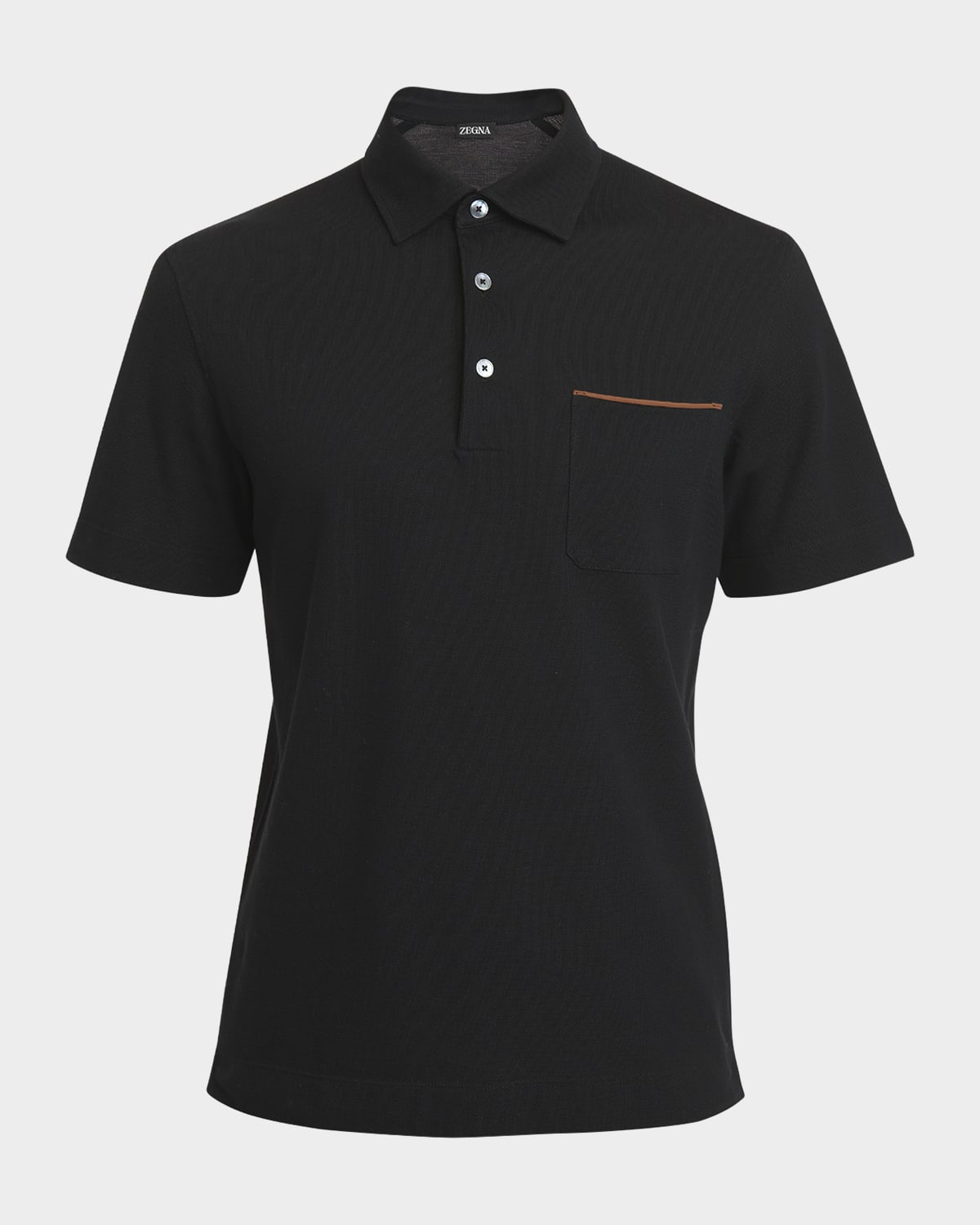 ZEGNA Men's Cotton Polo Shirt with Leather-Trim Pocket