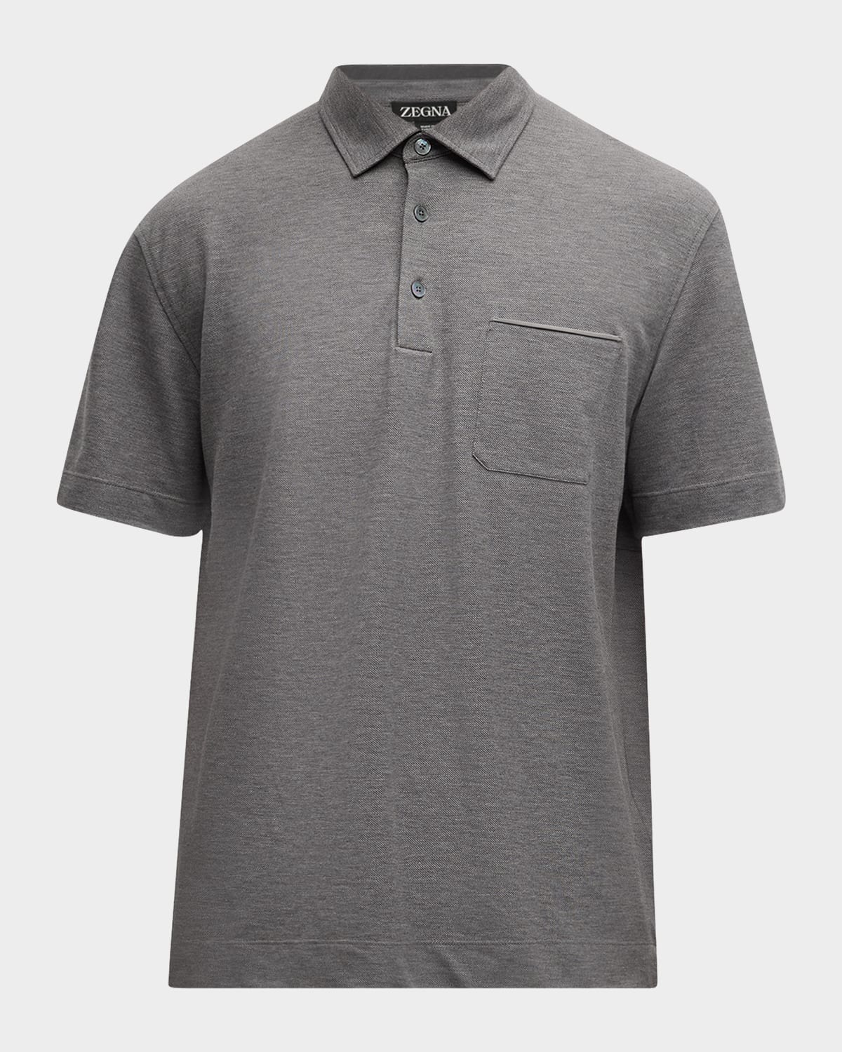 ZEGNA Men's Cotton Polo Shirt with Leather-Trim Pocket