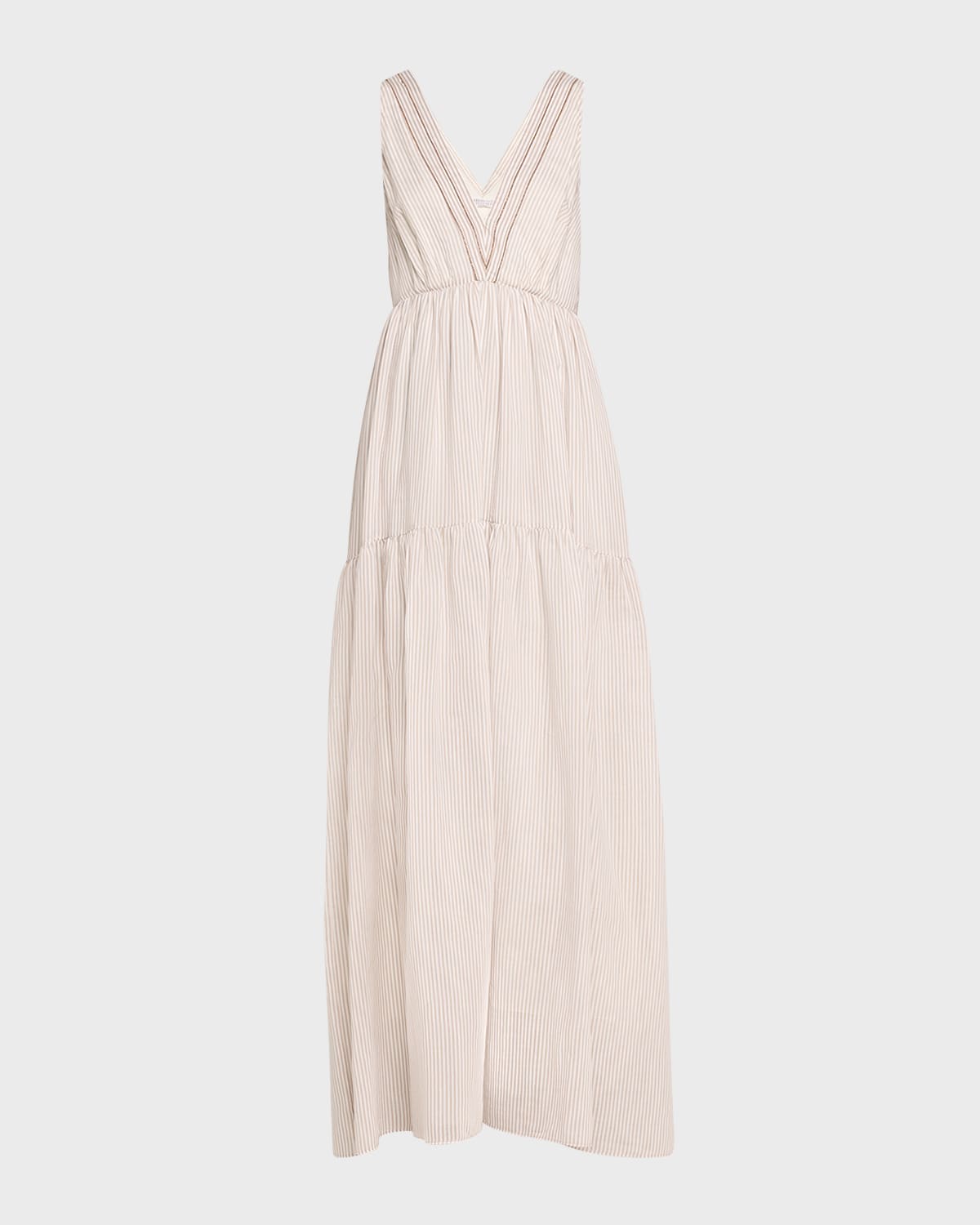 Brunello Cucinelli Cotton Silk Striped Maxi Dress with Ruffled Waist and Monili Detail