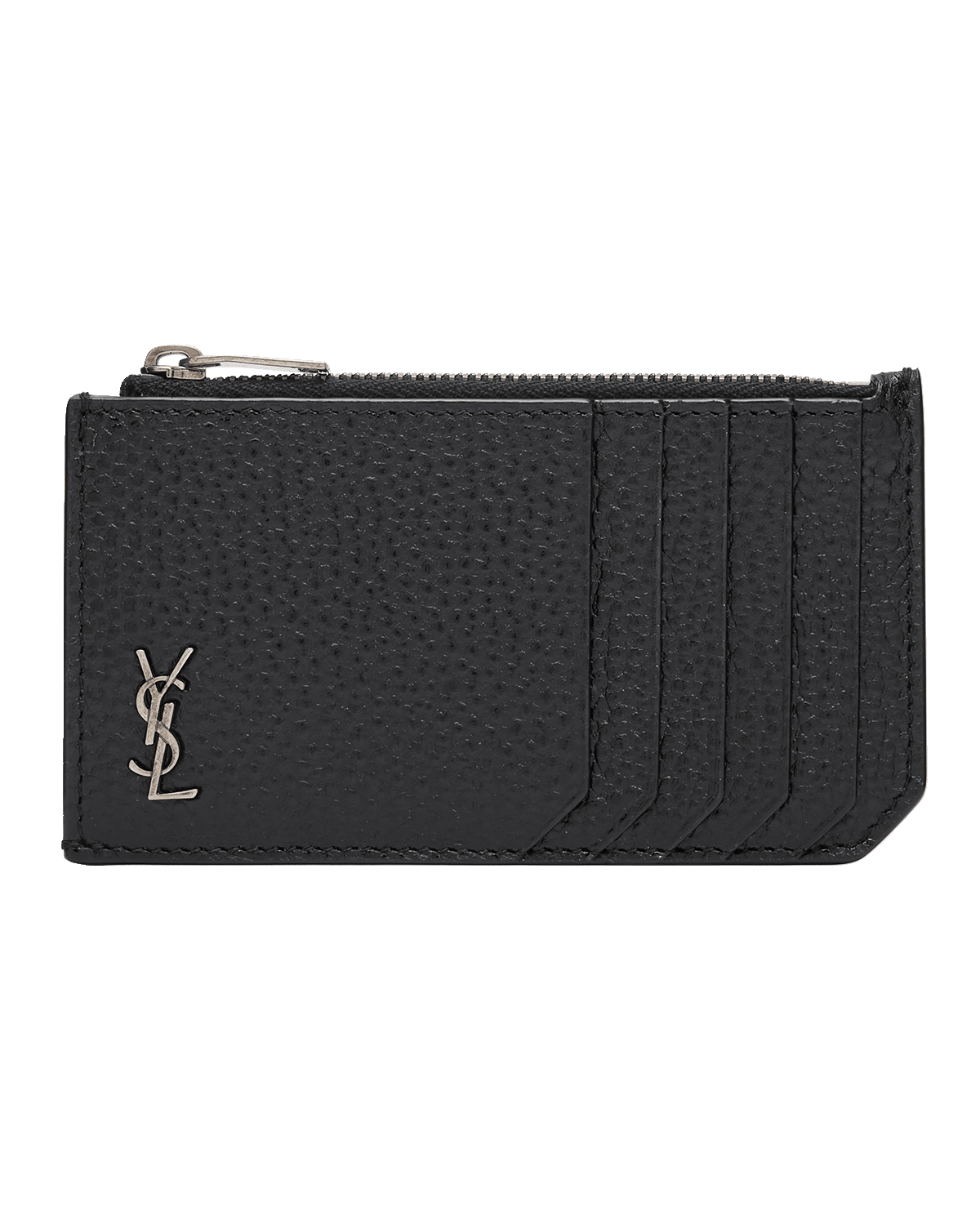 Saint Laurent Men's YSL Zip Card Holder in Grained Leather