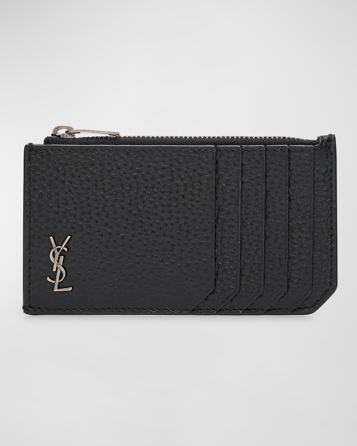 Saint Laurent Men's YSL Zip Card Holder in Grained Leather