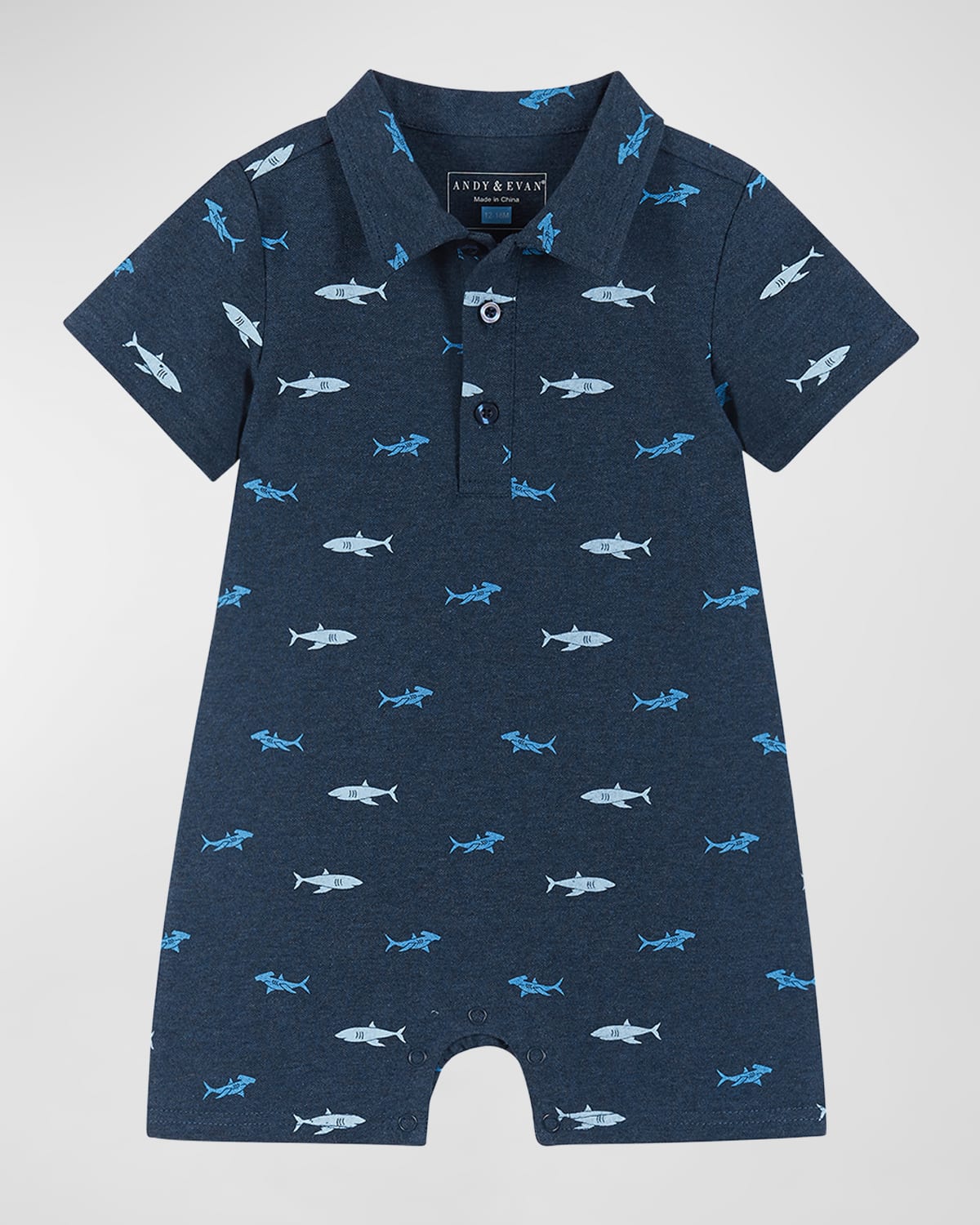 Andy & Evan Boy's Shark-Print Polo Shortall, Size Newborn-24M