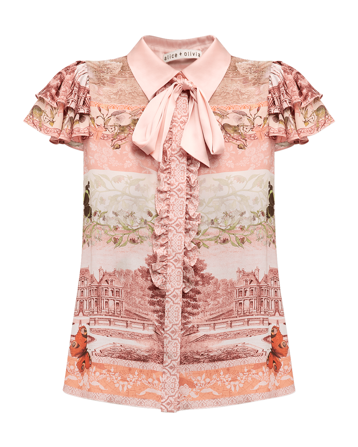 Alice + Olivia Versailles Minda Ruffle Short-Sleeve Tie Blouse