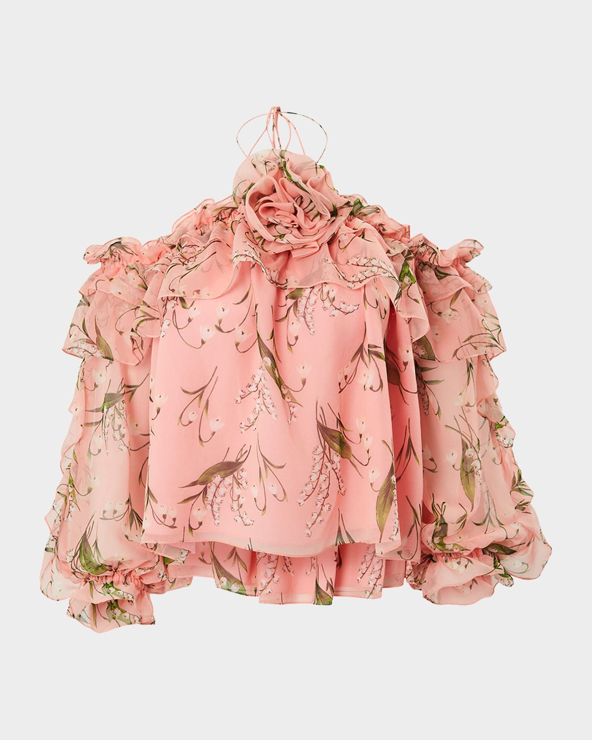 Carolina Herrera Rose Halter Ruffle Long-Sleeve Silk Top
