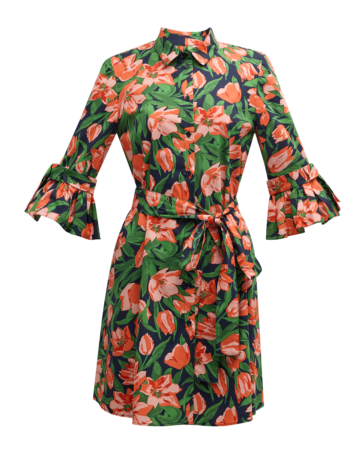 Carolina Herrera Belted Mini Shirtdress with Bow Flounce Sleeves