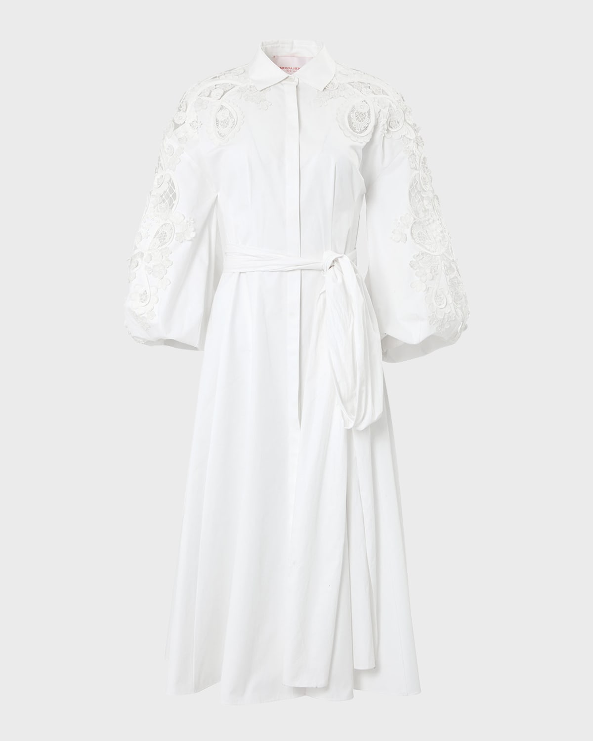 Carolina Herrera Lace Embroidered Balloon-Sleeve Midi Shirtdress