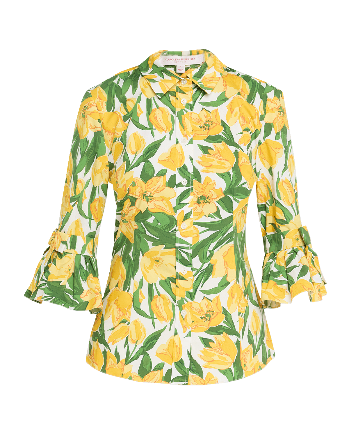 Carolina Herrera Floral Bow Flounce-Sleeve Button Down Blouse