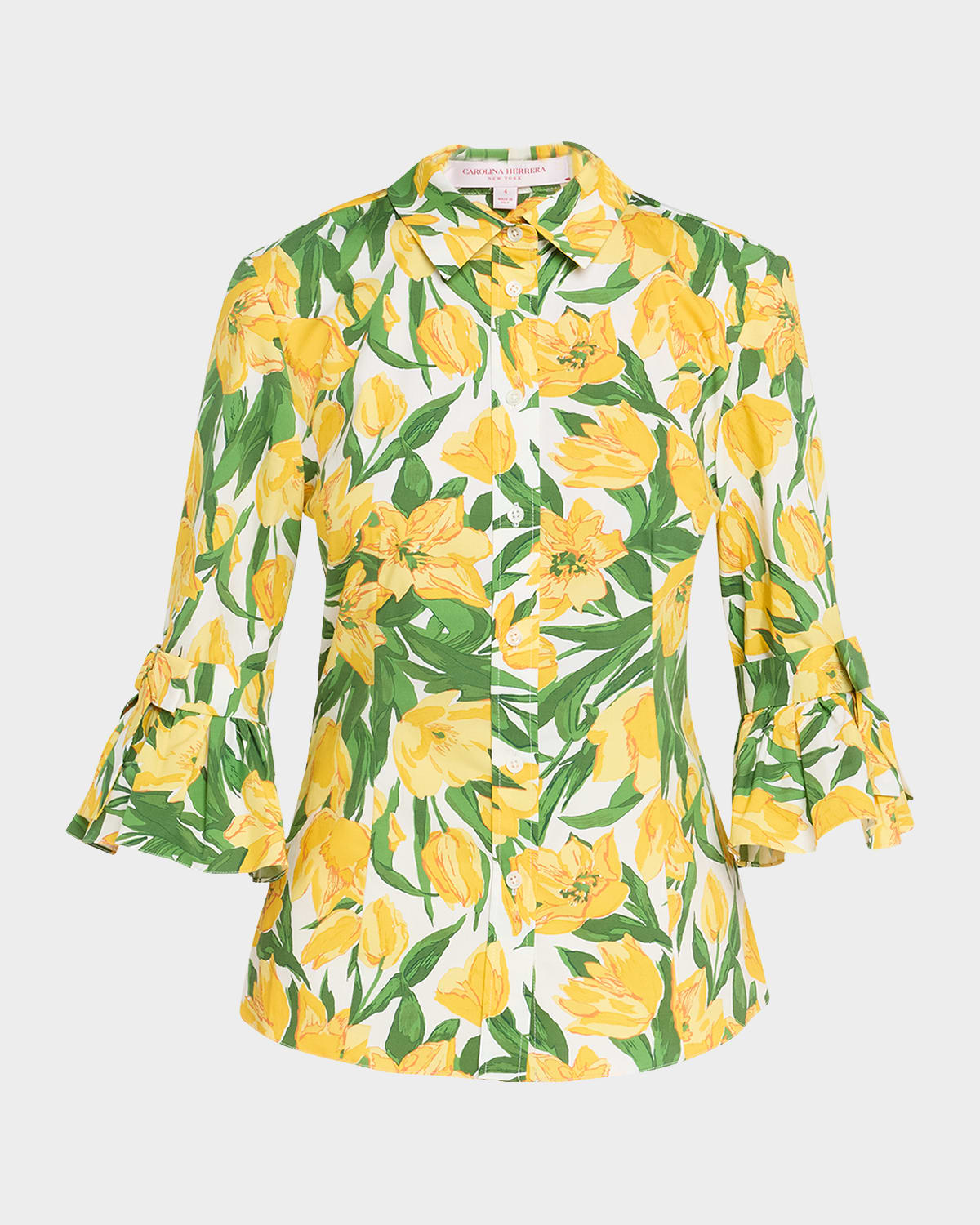 Carolina Herrera Floral Bow Flounce-Sleeve Button Down Blouse