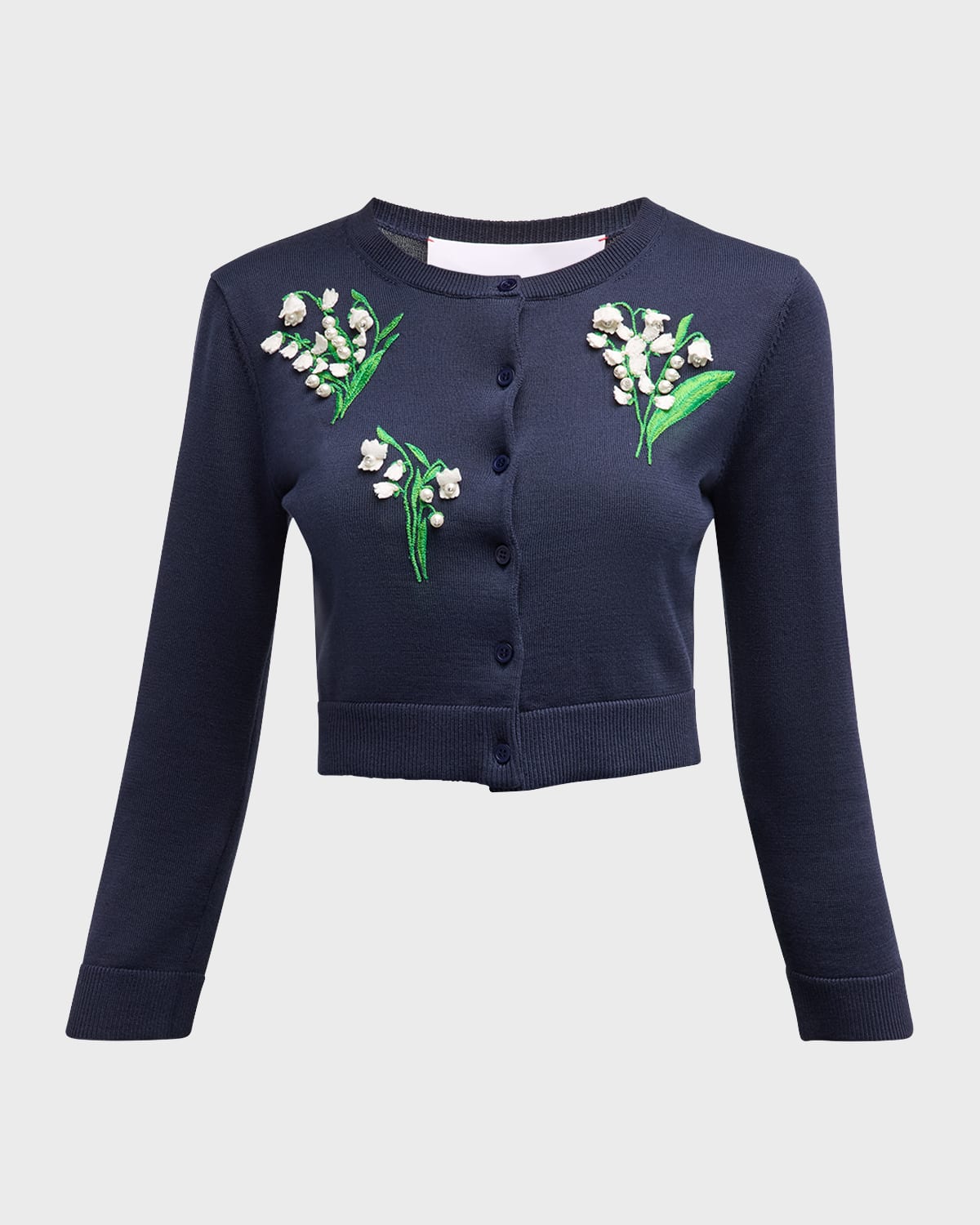 Carolina Herrera Floral Bead Embroidered 3/4-Sleeve Crop Cardigan