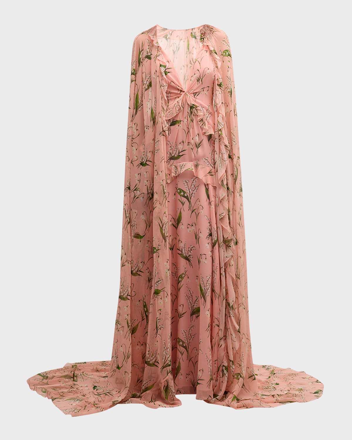 Carolina Herrera Plunging Floral-Print Ruffle Cape Gown