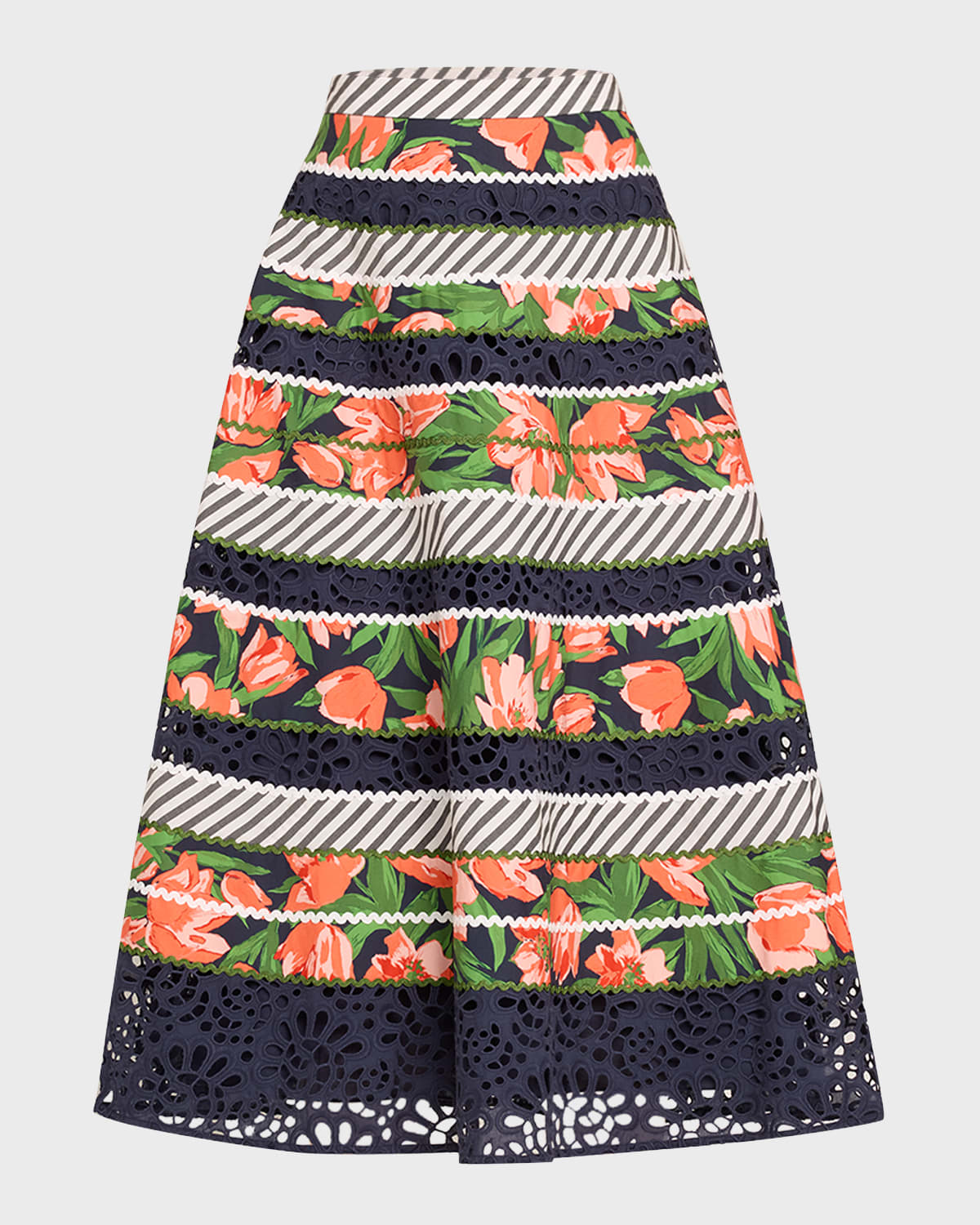 Carolina Herrera Floral and Striped Circle Skirt with Embroidered Detail