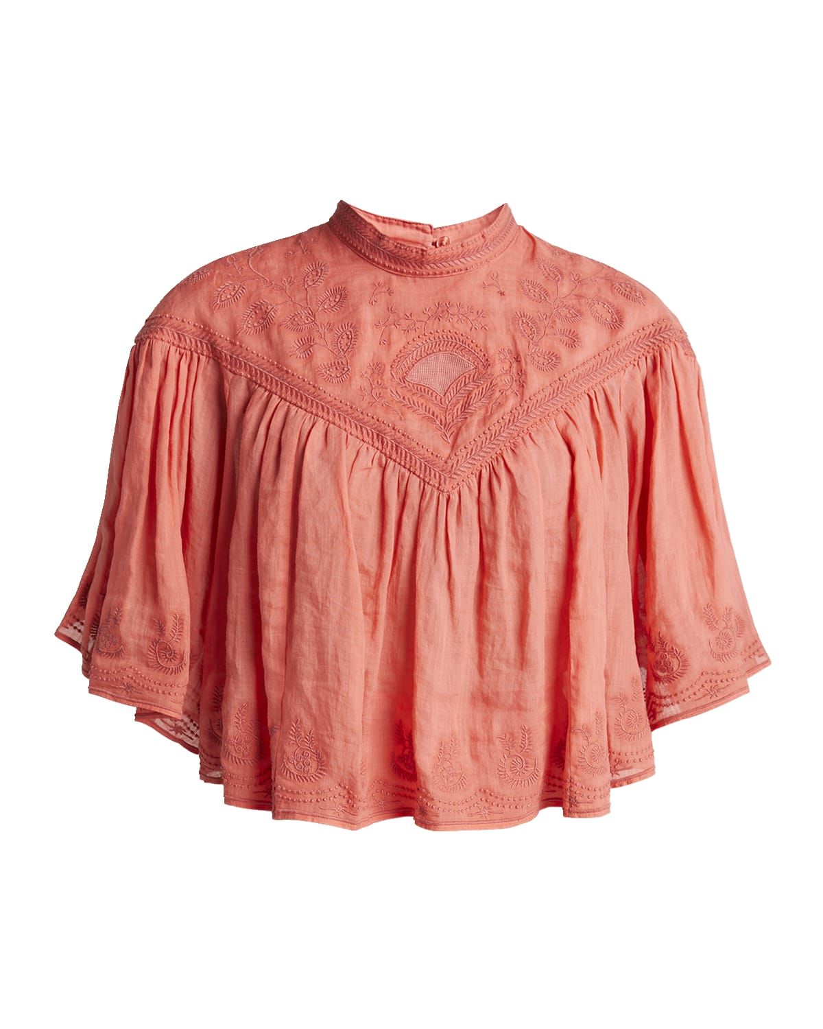 Isabel Marant Elodia Embroidered V-Yoke Short-Sleeve Boxy Blouse