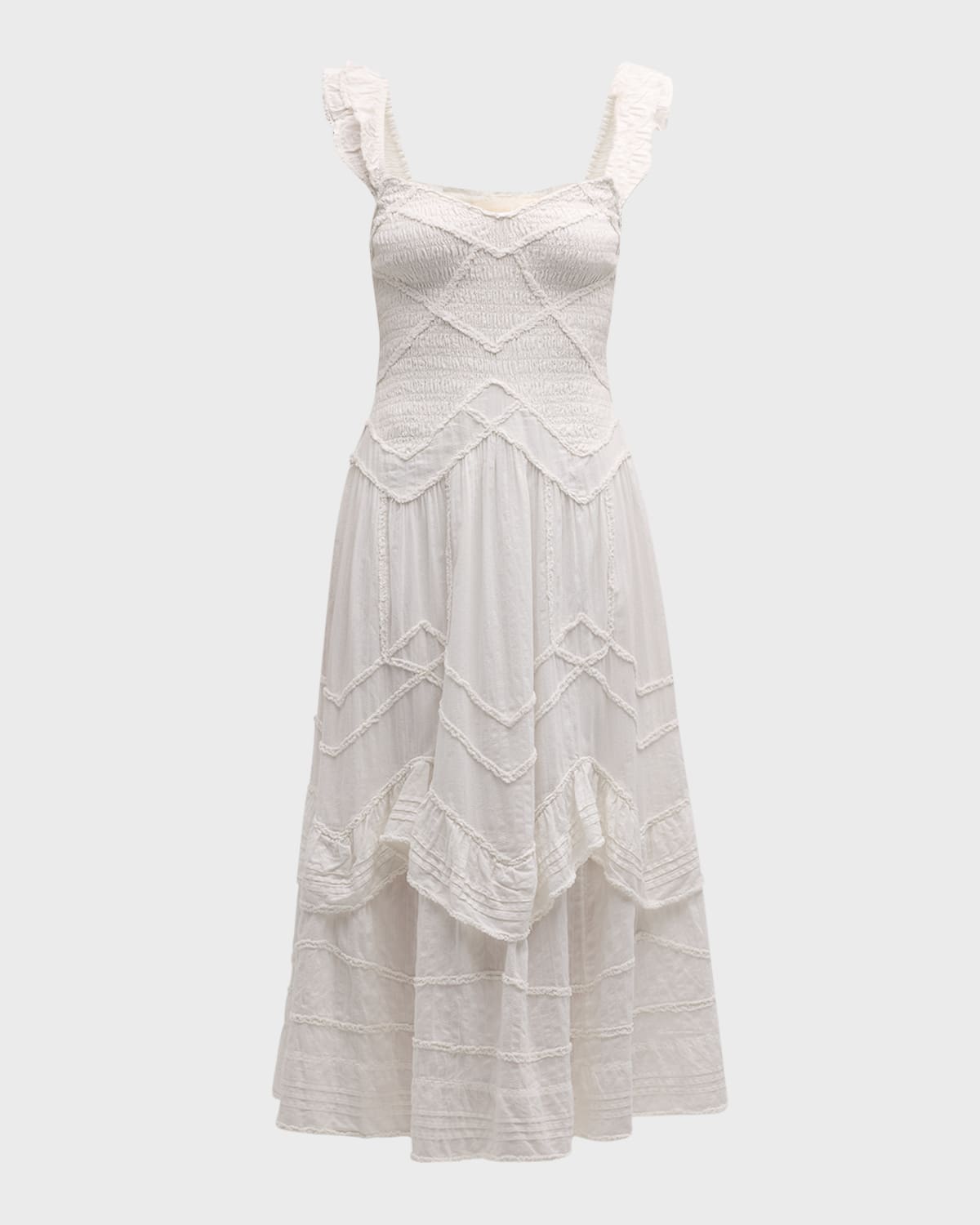 LoveShackFancy Brin Ruffle-Trim Smocked Cotton Midi Dress