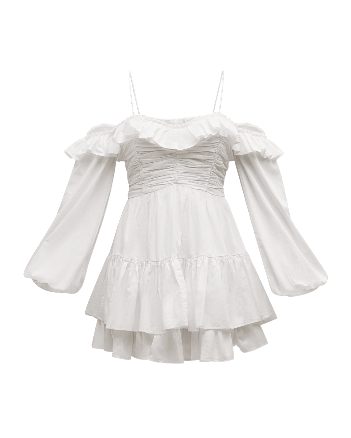 LoveShackFancy Zennia Off-Shoulder Tiered Cotton Poplin Blouson-Sleeve Mini Dress