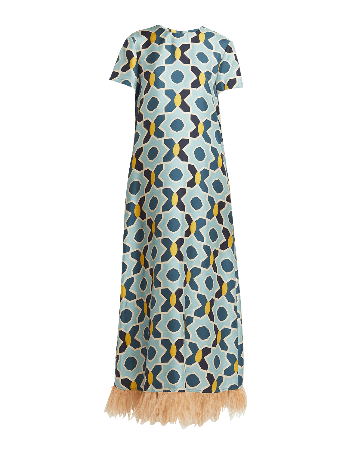 La DoubleJ Abstract-Print Short-Sleeve Feather-Trim Maxi Swing Dress