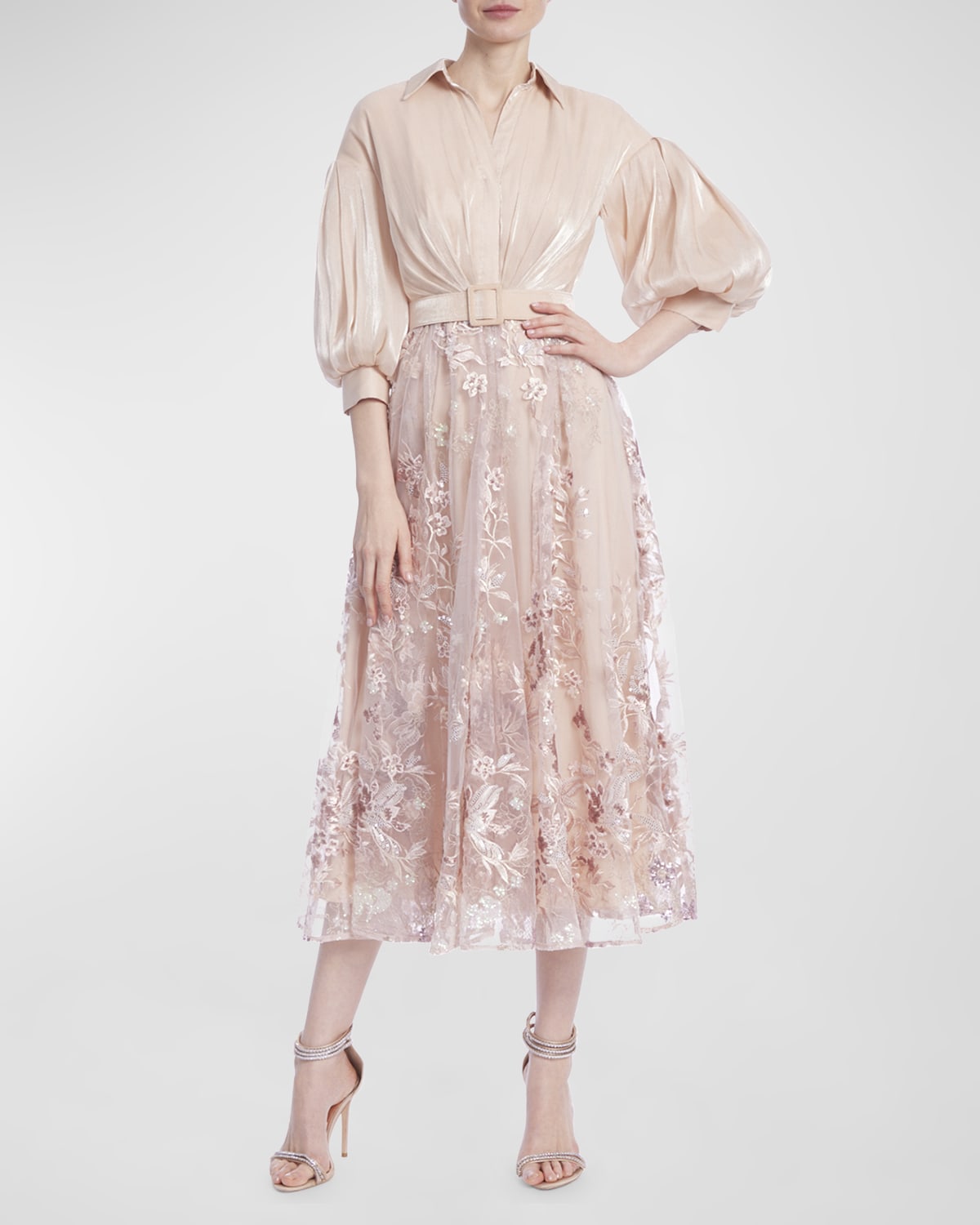Badgley Mischka Collection Shimmer Floral-Embroidered Midi Shirtdress