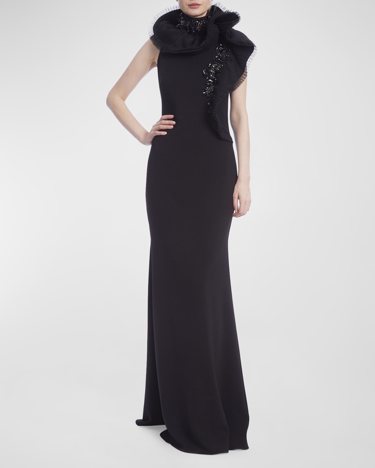 Badgley Mischka Collection Embellished Mock-Neck Ruffle Column Gown