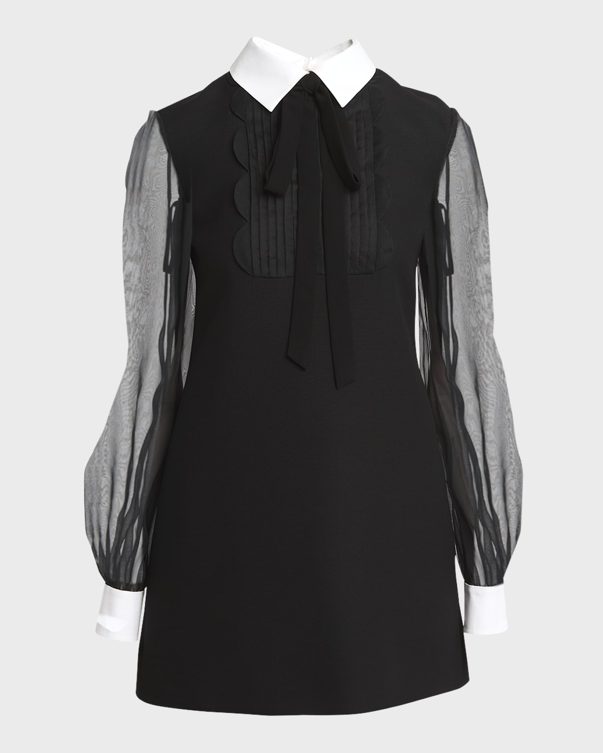 Valentino Garavani Sheer-Sleeve Bib-Front Solid Crepe Couture Mini Shirtdress