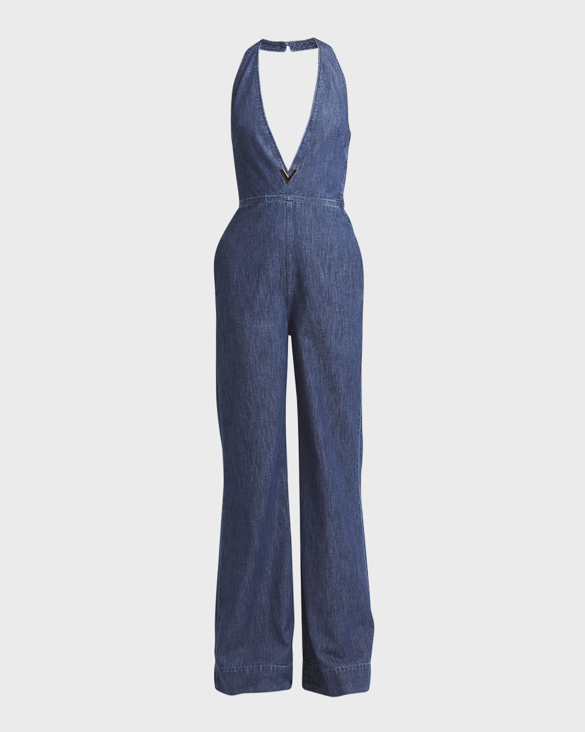 Valentino Garavani Tuta V-Logo Chambray Denim Wide-Leg Halter Jumpsuit