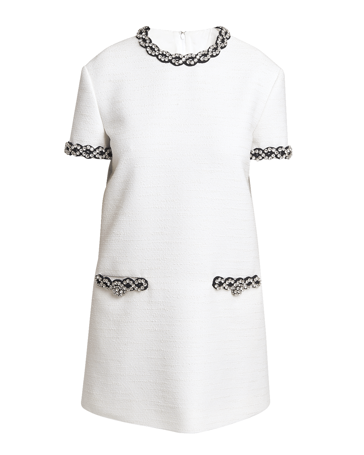 Valentino Garavani Crystal Twisted-Trim Short-Sleeve Crisp Tweed Mini Dress