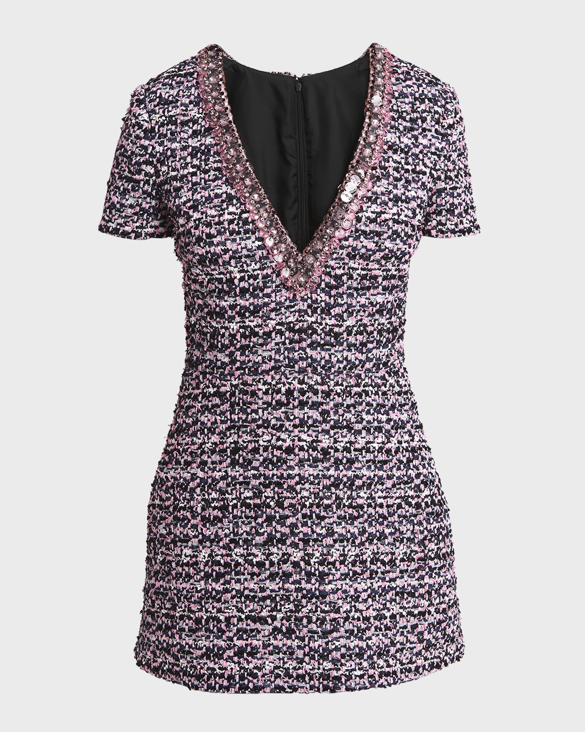 Valentino Garavani Plunging Sequined Ribbon Tweed Short-Sleeve Mini Dress