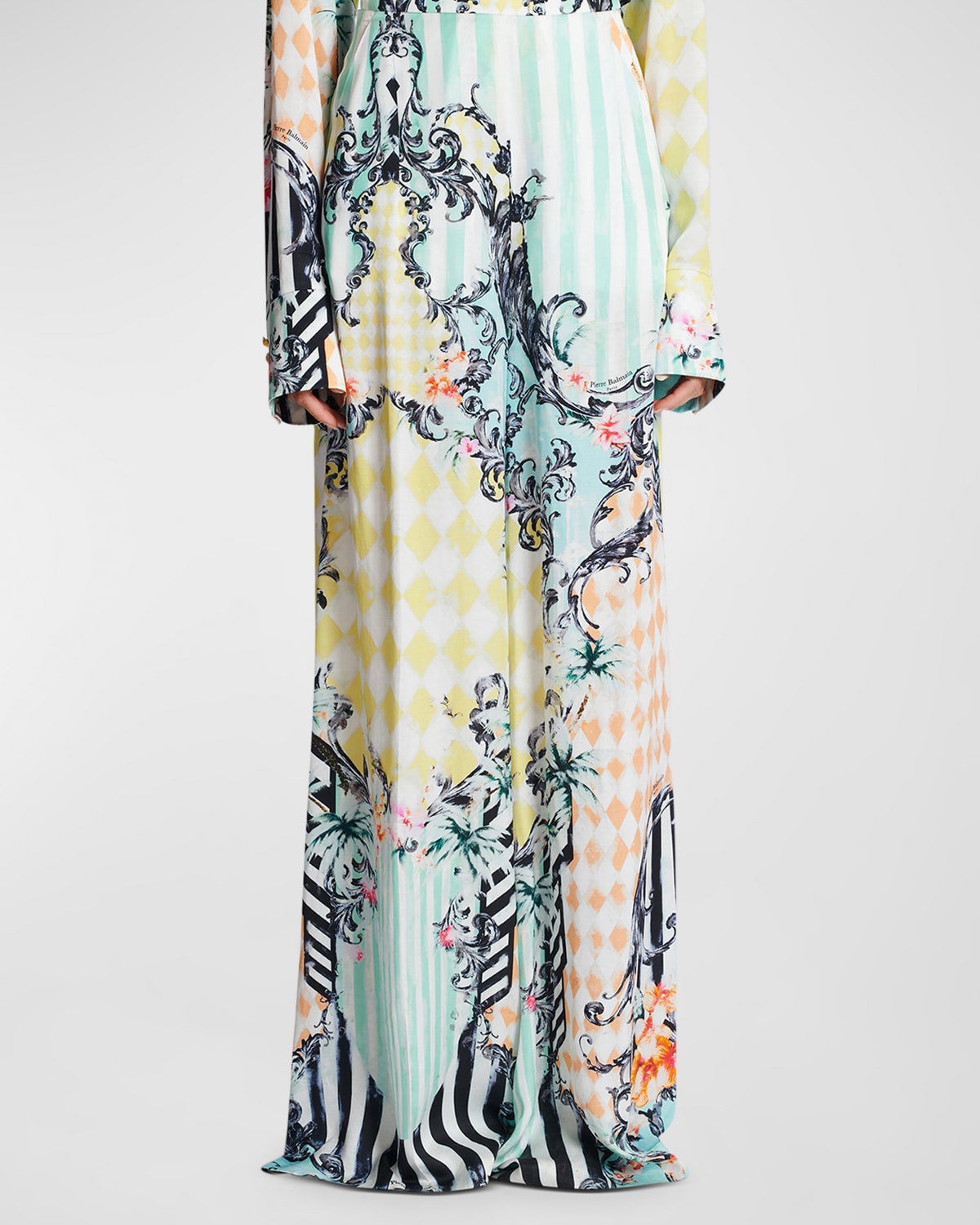 Balmain Baroque-Print Wide-Leg Palazzo Pants