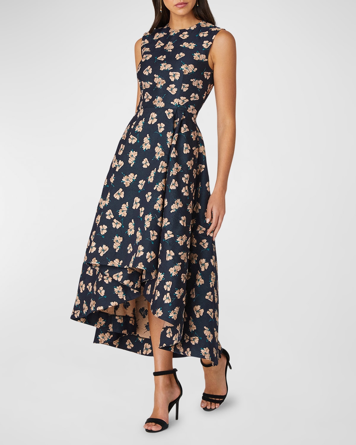 Shoshanna Pleated High-Low Floral Jacquard Midi Dress