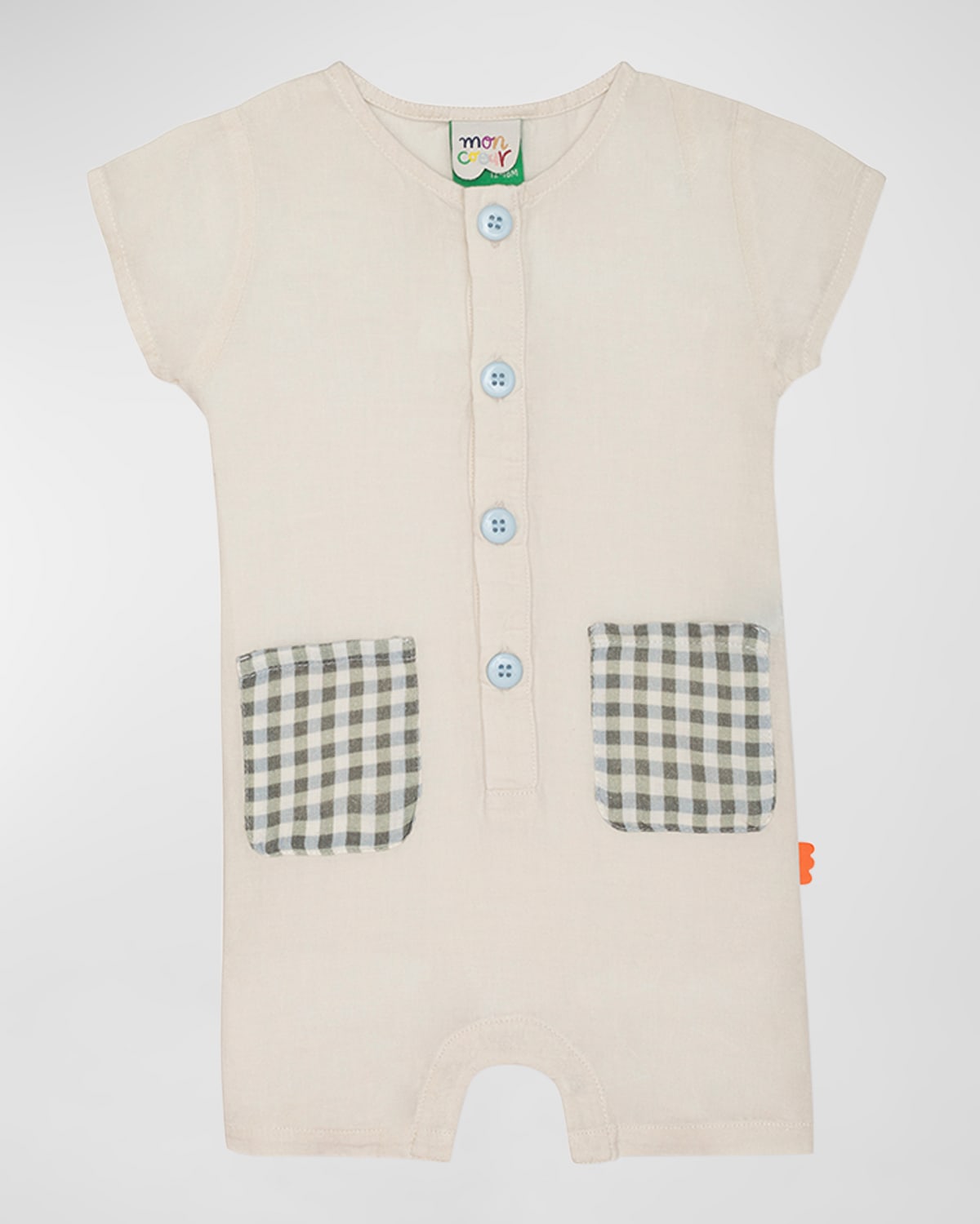 Mon Coeur Boy's Gingham Pocket Linen Romper, Size 3M-24M