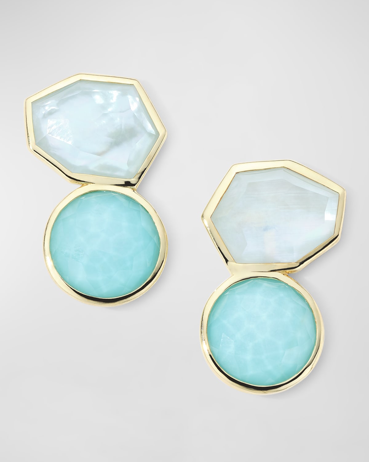 Ippolita 18K Rock Candy Large 2-Stone Post and Omega Earrings in Mother of Pearl/Amazonite Triplet with Turquoise Doublet