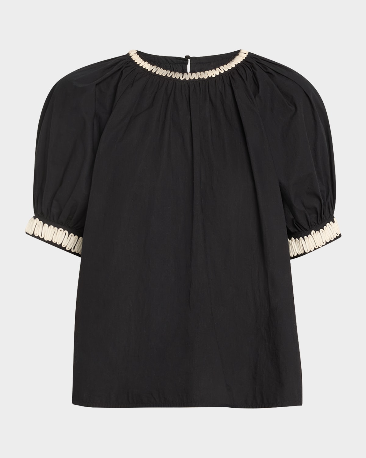 Ulla Johnson Amara Short-Sleeve Embroidered Tie-Cuff Poplin Top