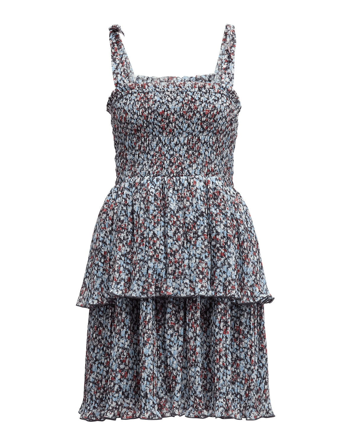 Ganni Pleated Georgette Tie-Shoulder Smock Mini Dress