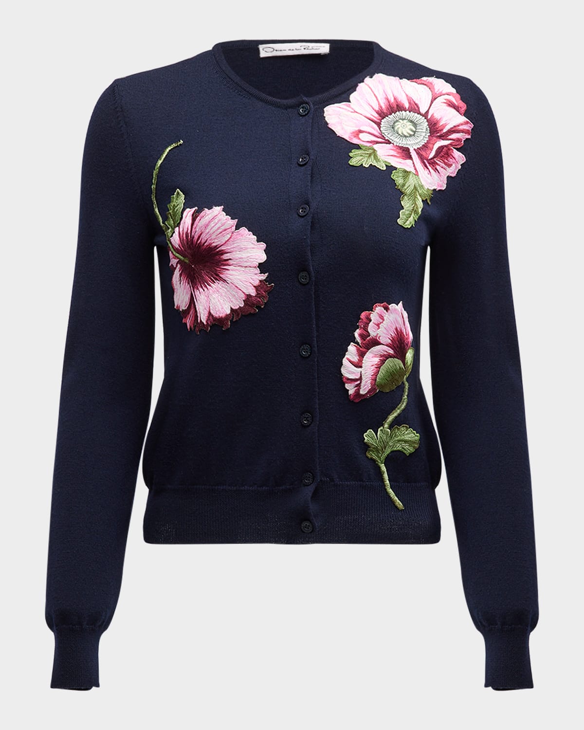 Oscar de la Renta Wool Knit Cardigan with Threadwork Embroidered Poppies