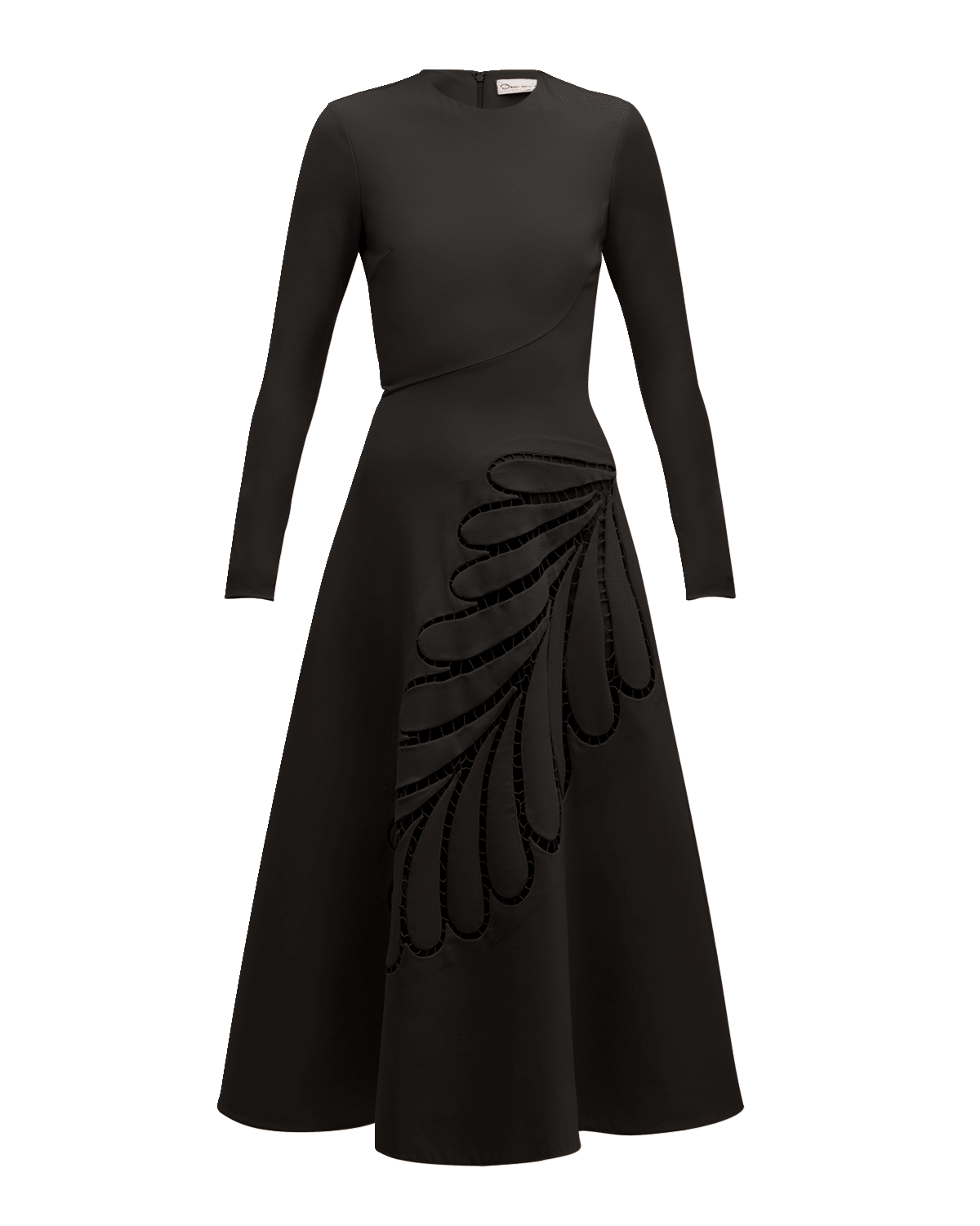 Oscar de la Renta Fern-Inset Long-Sleeve Crepe Midi Dress