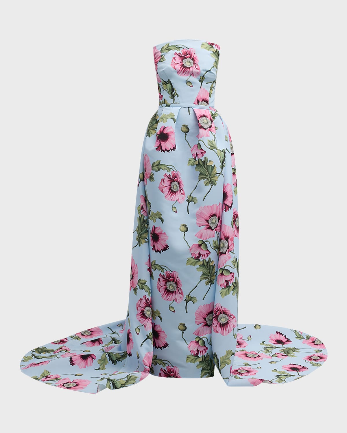 Oscar de la Renta Poppies Print Faille Gown with Draped Train