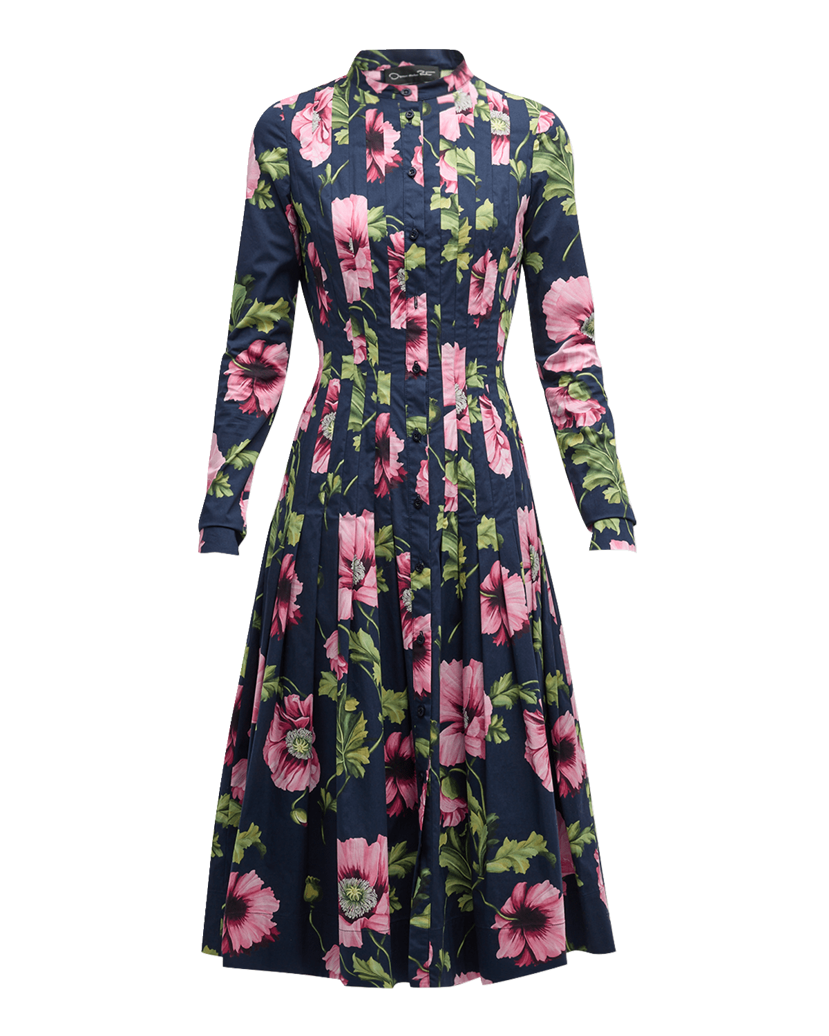 Oscar de la Renta Poppies-Print Long-Sleeve Pleated Poplin Midi Shirtdress