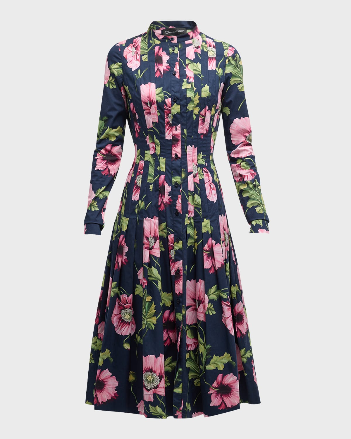 Oscar de la Renta Poppies-Print Long-Sleeve Pleated Poplin Midi Shirtdress