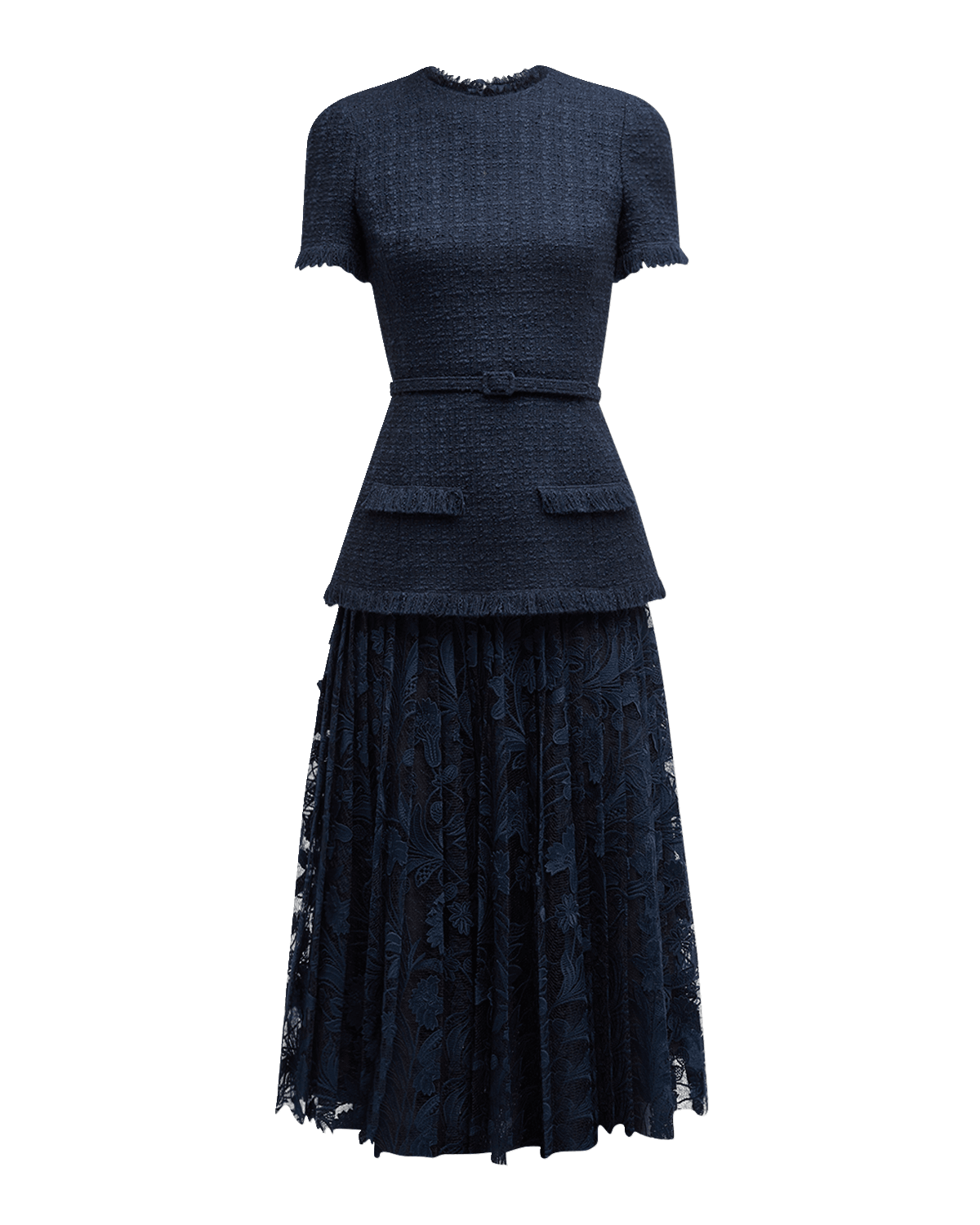 Oscar de la Renta Short-Sleeve Tweed And Guipure Skirt Midi Dress With Self Belt