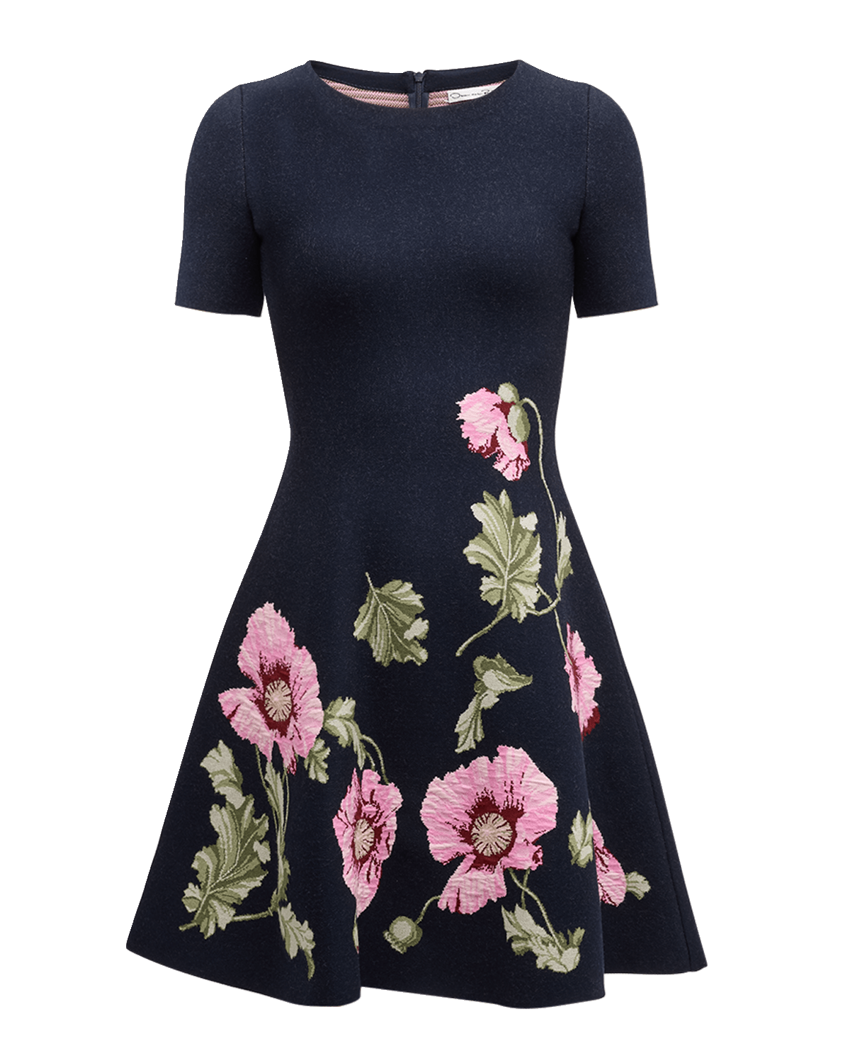 Oscar de la Renta Jewel-Neck Poppies Jacquard Short-Sleeve Mini Dress