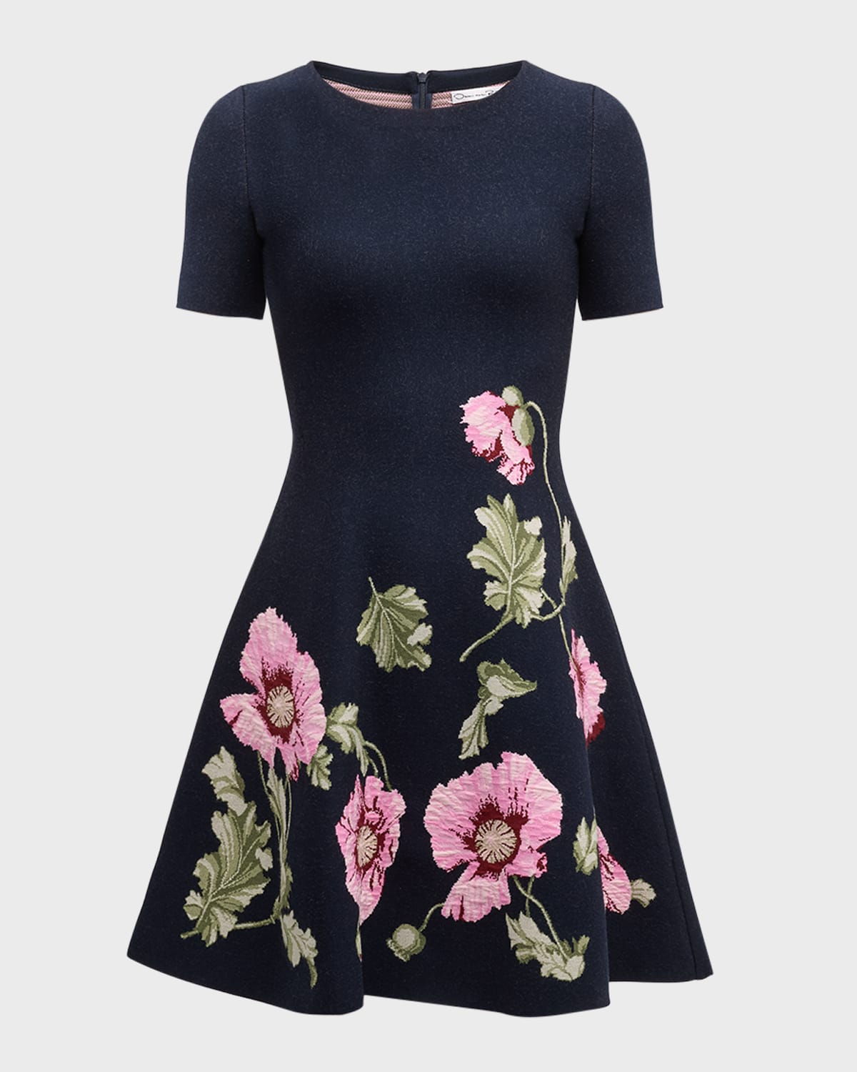 Oscar de la Renta Jewel-Neck Poppies Jacquard Short-Sleeve Mini Dress