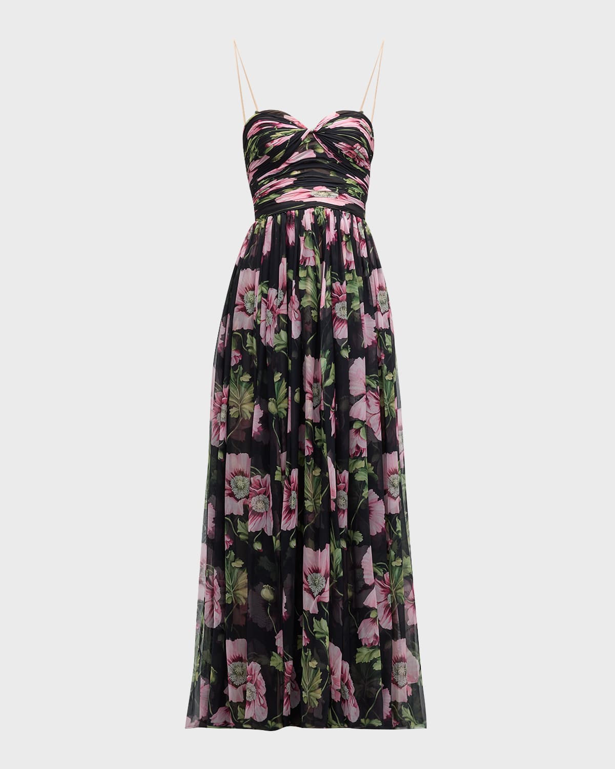 Oscar de la Renta Strapless Poppies Print Chiffon Gown