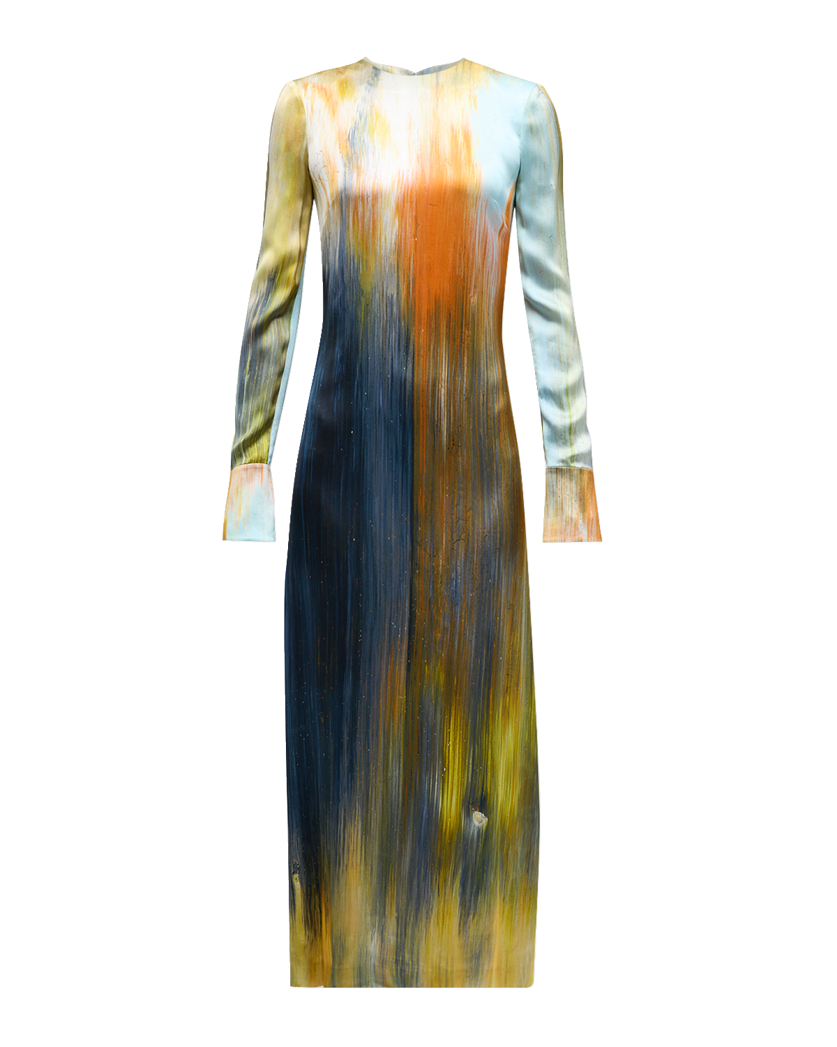 Oscar de la Renta Abstract Marocaine-Print Long-Sleeve Satin Midi Dress