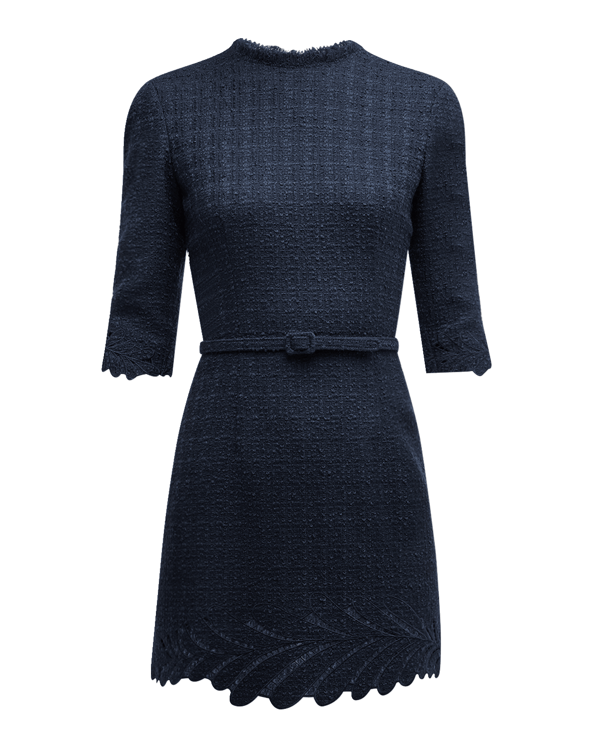 Oscar de la Renta Fern Embroidered 3/4-Sleeve Belted Tweed Mini Dress