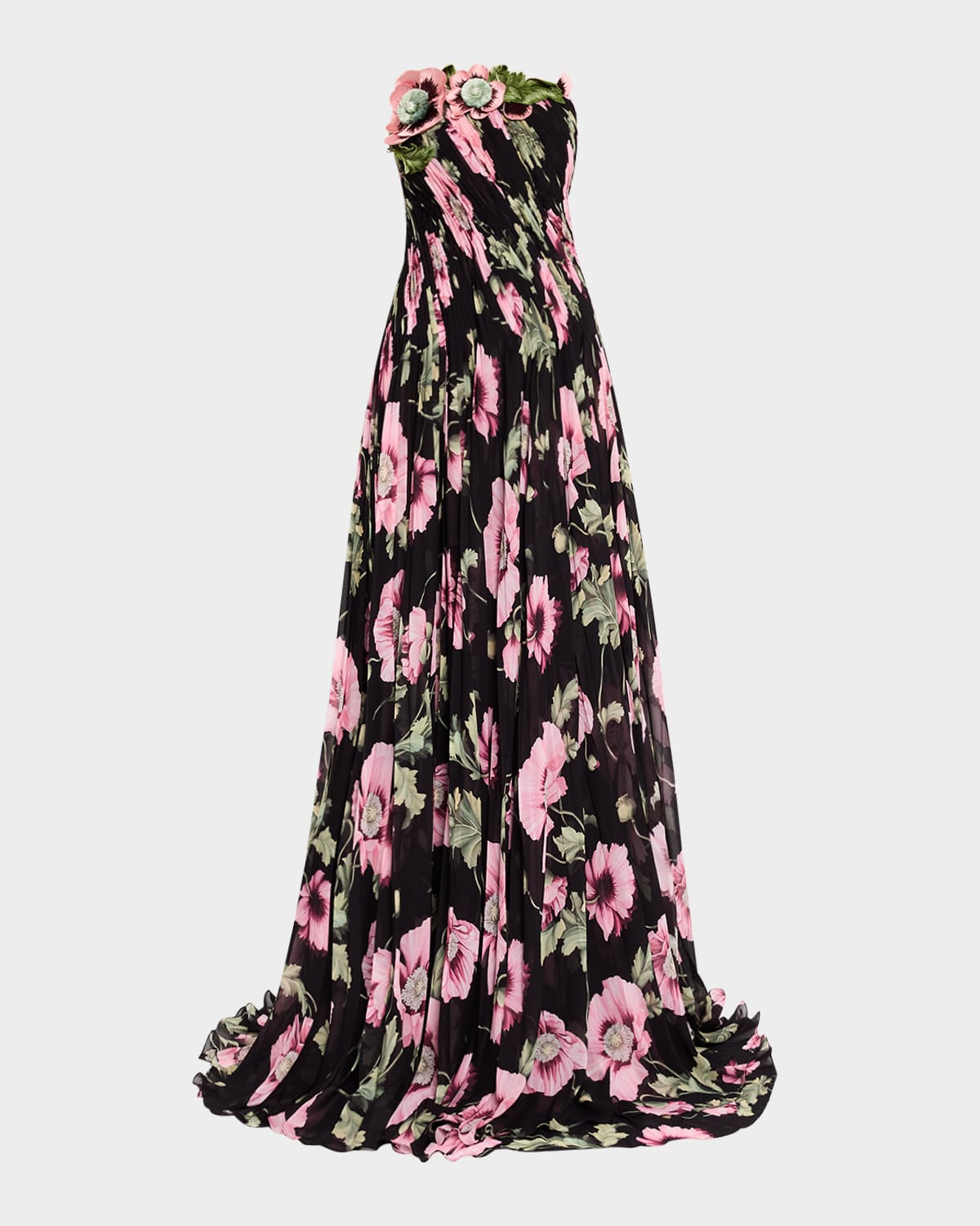 Oscar de la Renta Draped Poppies Chiffon Gown with Threadwork Embroidered Details