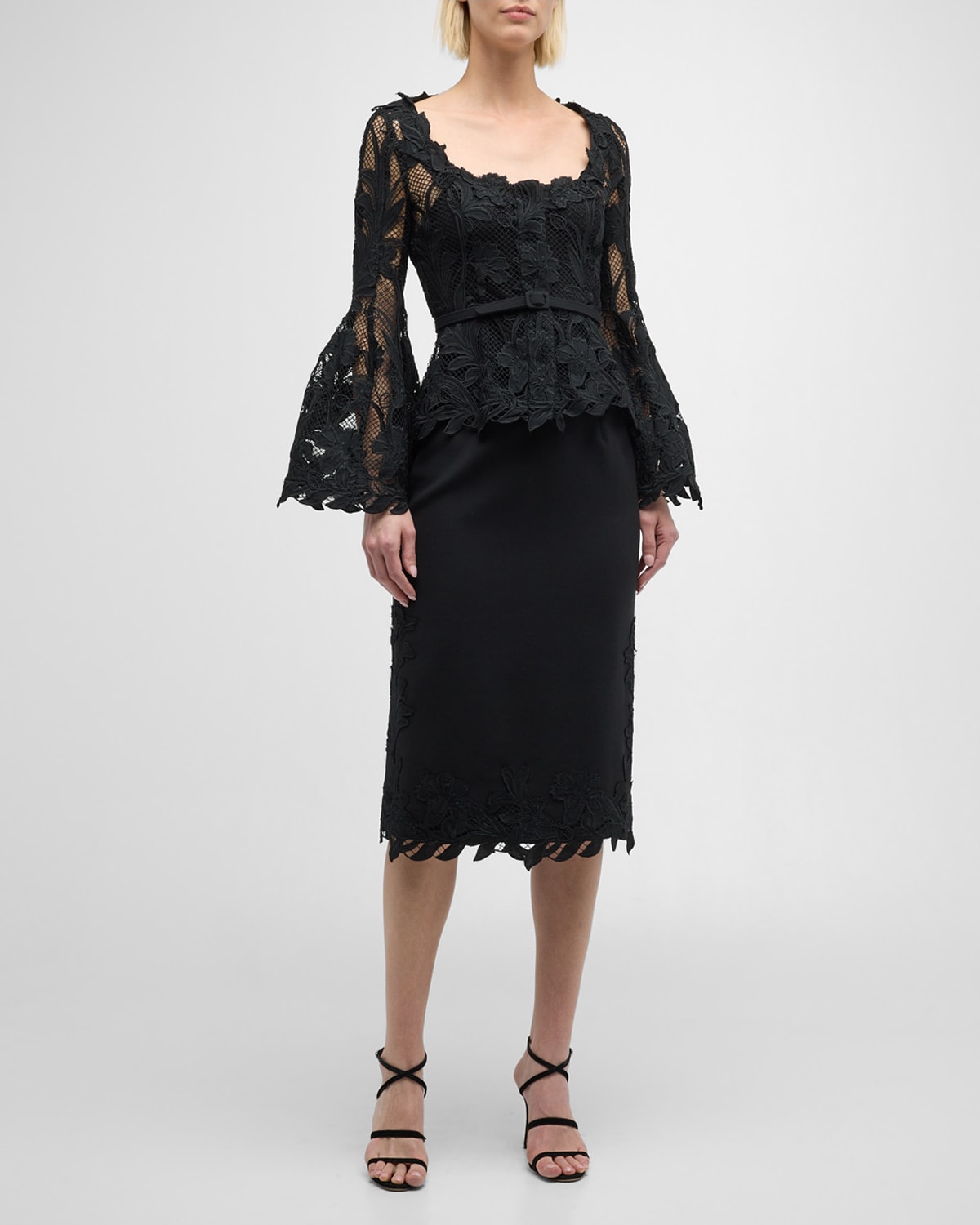 Oscar de la Renta Marbled Carnation Guipure Jacket with Belted Waist