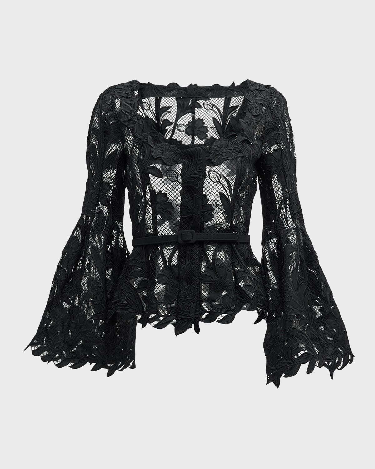 Oscar de la Renta Marbled Carnation Guipure Jacket with Belted Waist