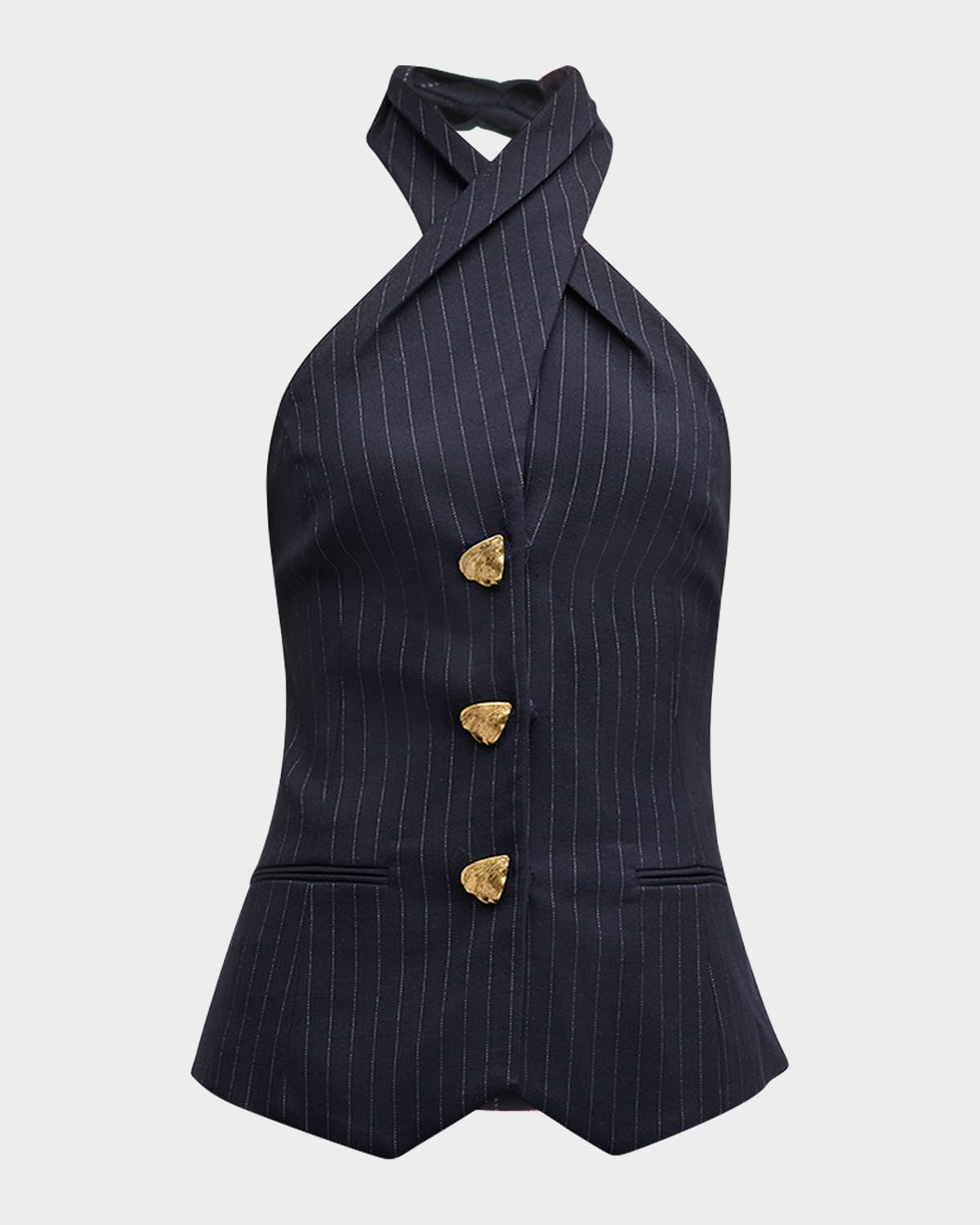 Oscar de la Renta Halter Button-Front Pinstripe Tailored Blouse